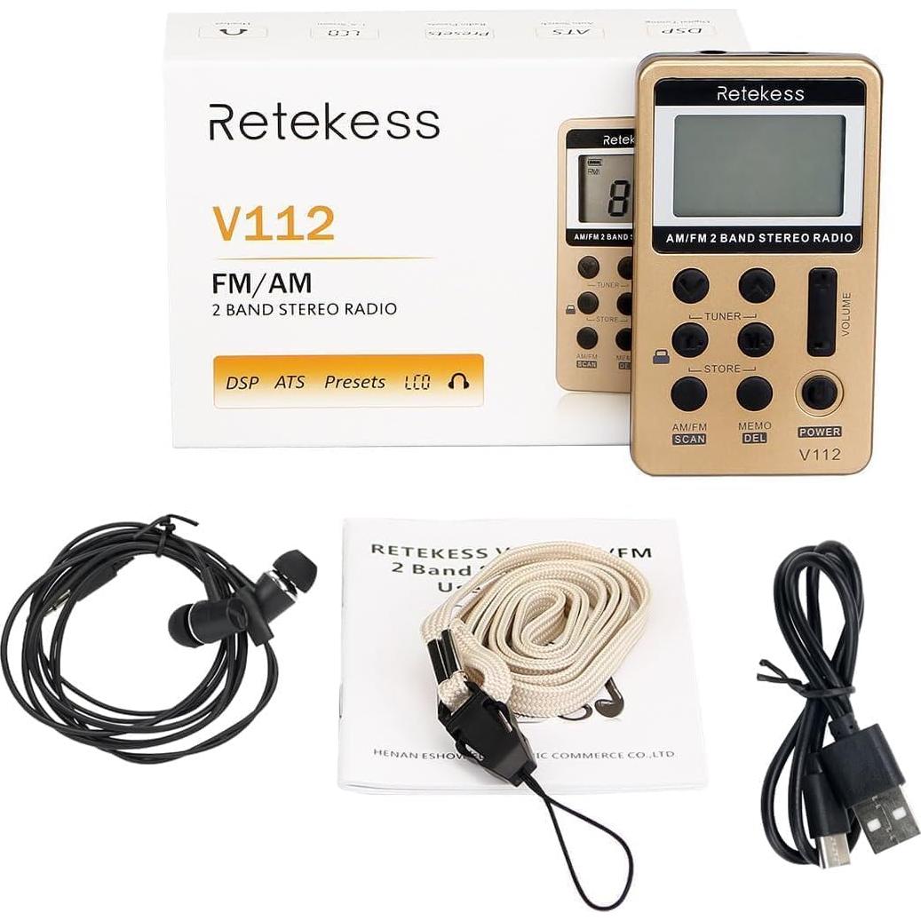 Radio Portátil AM FM Retekess V112 con Pantalla LCD y Auriculares