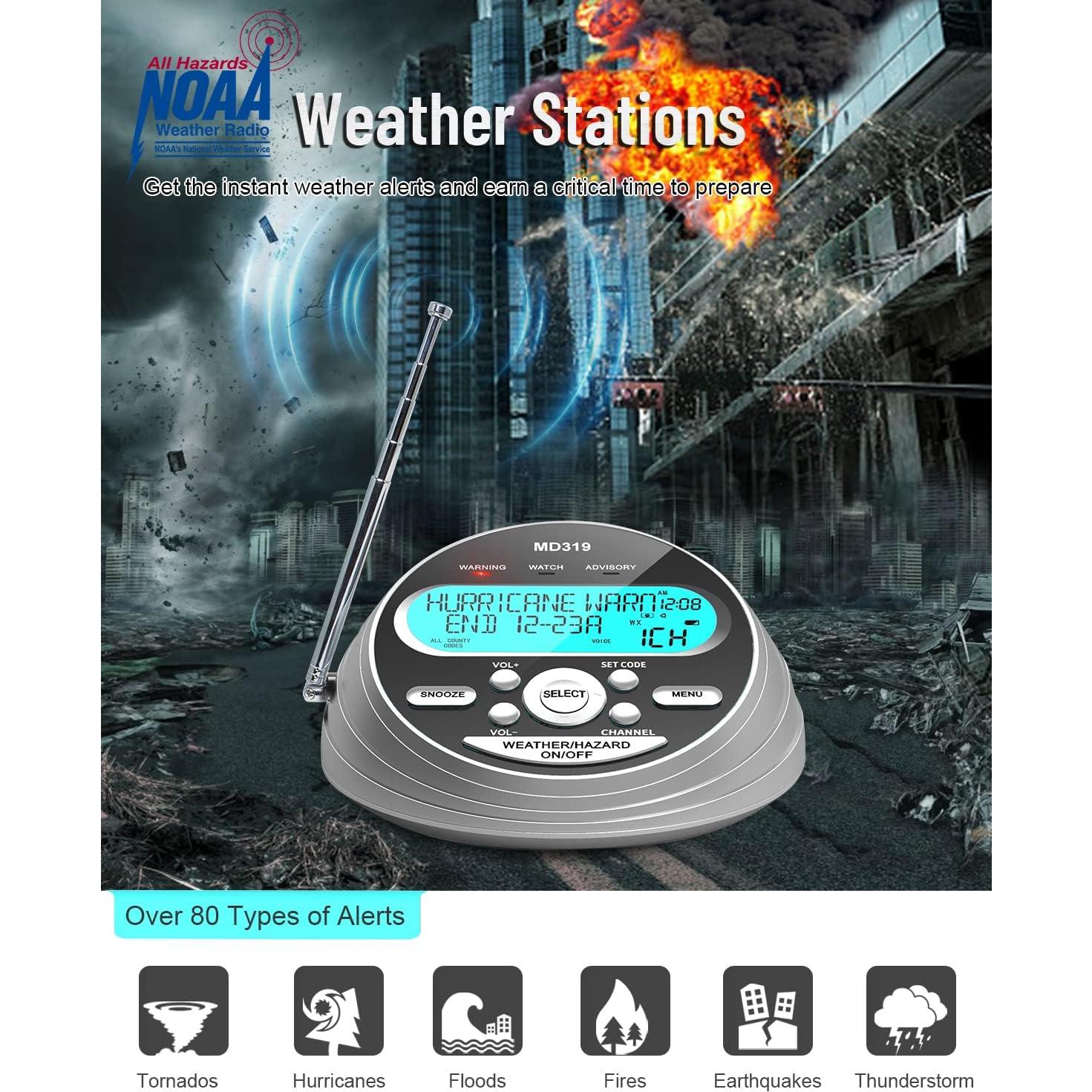 Radio Meteorológica NOAA TMUS-MD319 con 80 Alertas y Respaldo de Batería