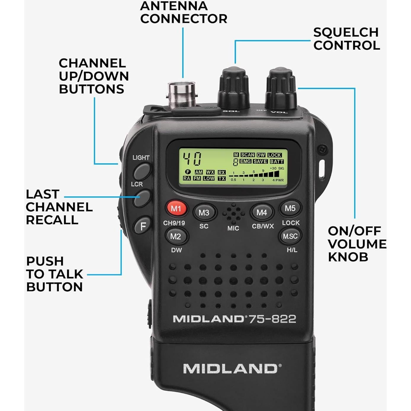 Radio CB portátil Midland 75-822 con 40 canales y NOAA