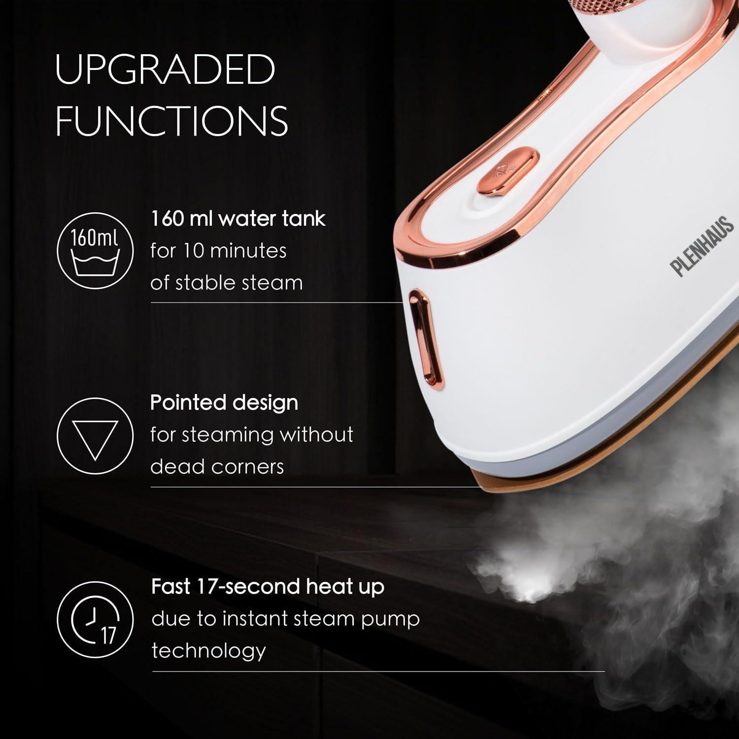 Plancha de Vapor 2 en 1 PLENHAUS 1000W 120V Blanco Premium