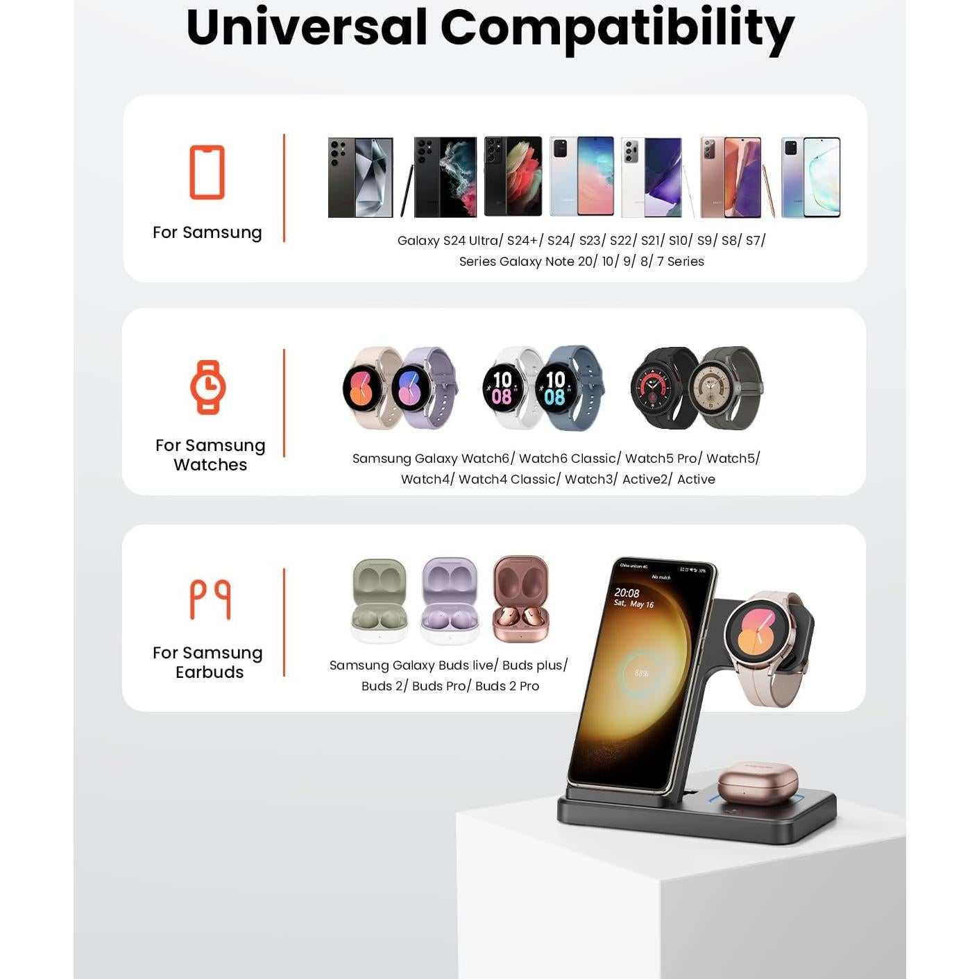 Cargador Inalambrico 3 en 1 GEEKERA para Samsung Galaxy