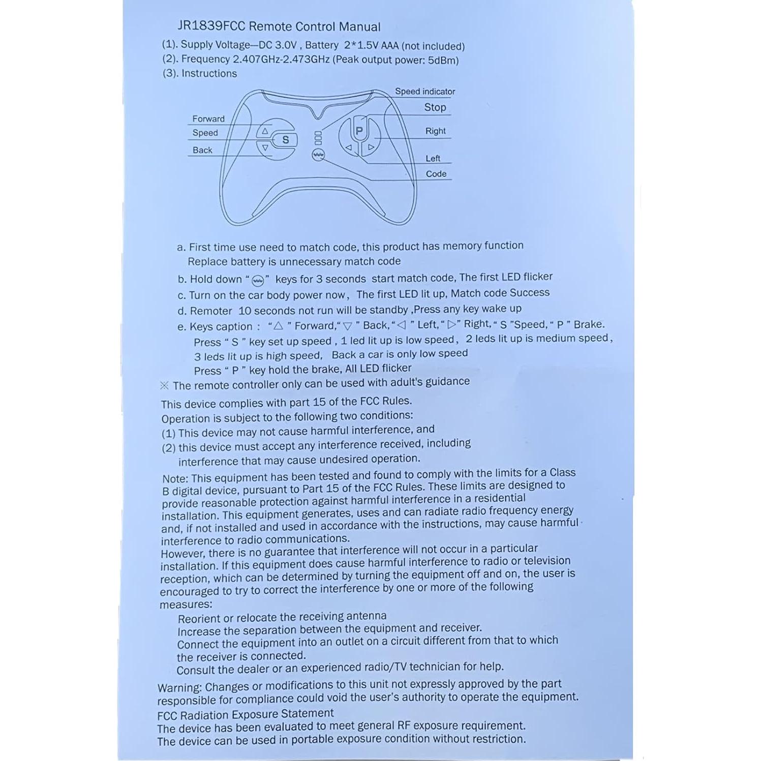 Control Remoto Bluetooth JR1839 para Coche Eléctrico Niños 2.4G