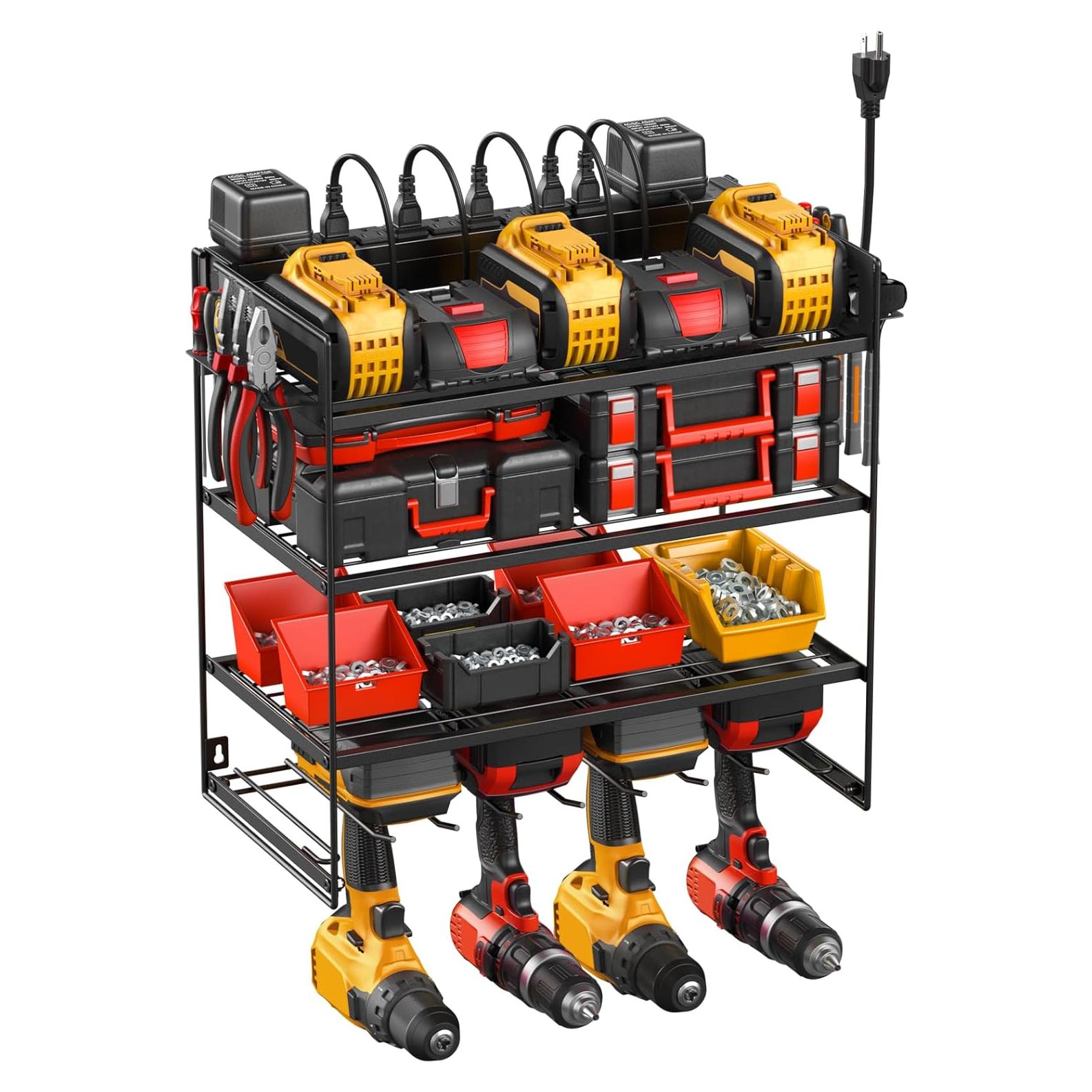 JUNNUJ Power Tool Organizer with 10 Outlet Power Strip, 4 Layer Wall Mount Drill Holder with Charging Station, 4 Drills Storage Shelf Shop Garage Utility Rack, Black