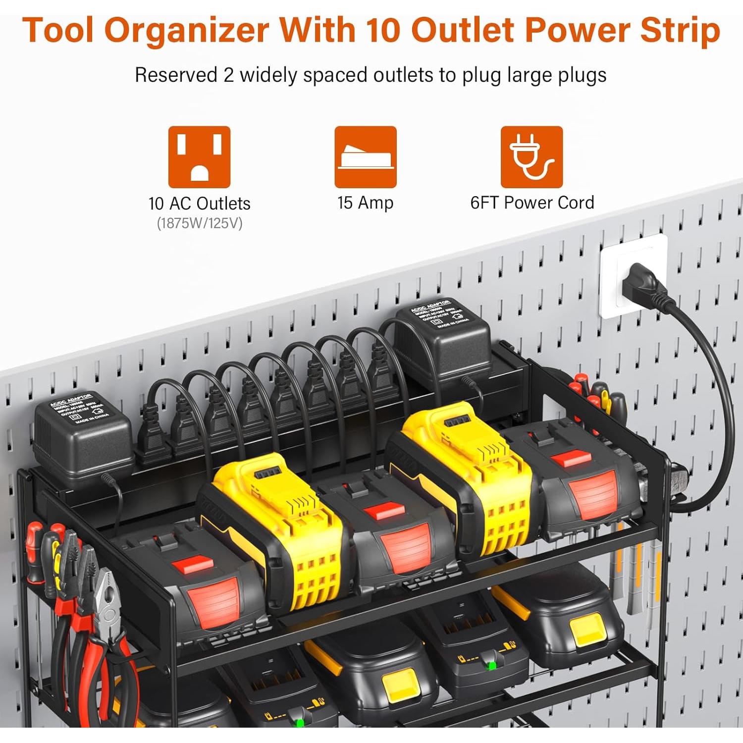 JUNNUJ Power Tool Organizer with 10 Outlet Power Strip, 4 Layer Wall Mount Drill Holder with Charging Station, 4 Drills Storage Shelf Shop Garage Utility Rack, Black