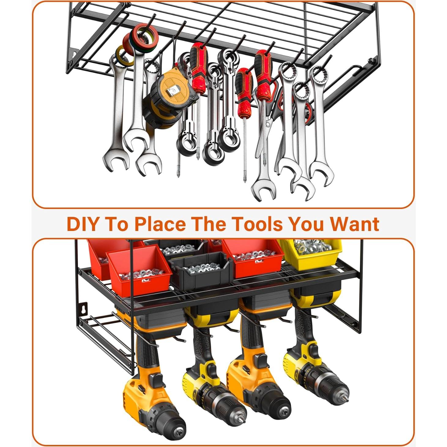 JUNNUJ Power Tool Organizer with 10 Outlet Power Strip, 4 Layer Wall Mount Drill Holder with Charging Station, 4 Drills Storage Shelf Shop Garage Utility Rack, Black