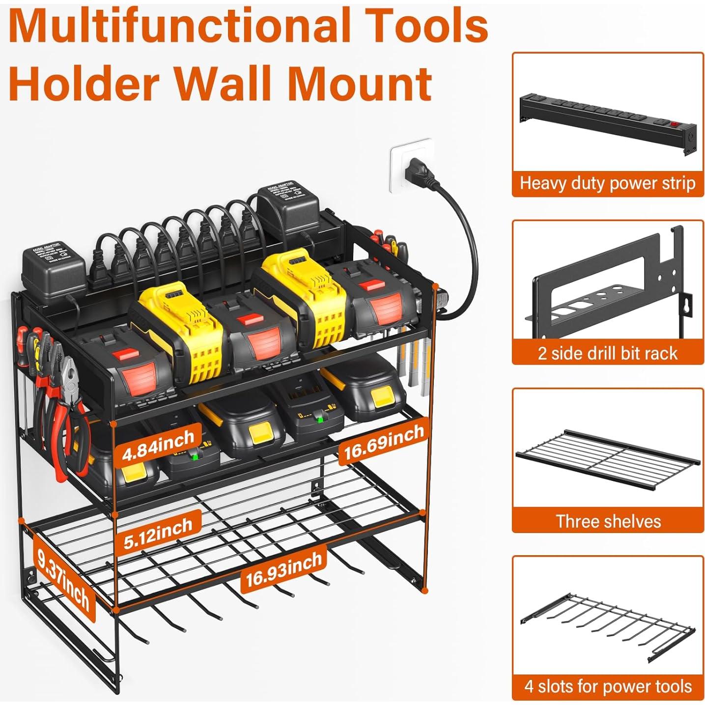 JUNNUJ Power Tool Organizer with 10 Outlet Power Strip, 4 Layer Wall Mount Drill Holder with Charging Station, 4 Drills Storage Shelf Shop Garage Utility Rack, Black