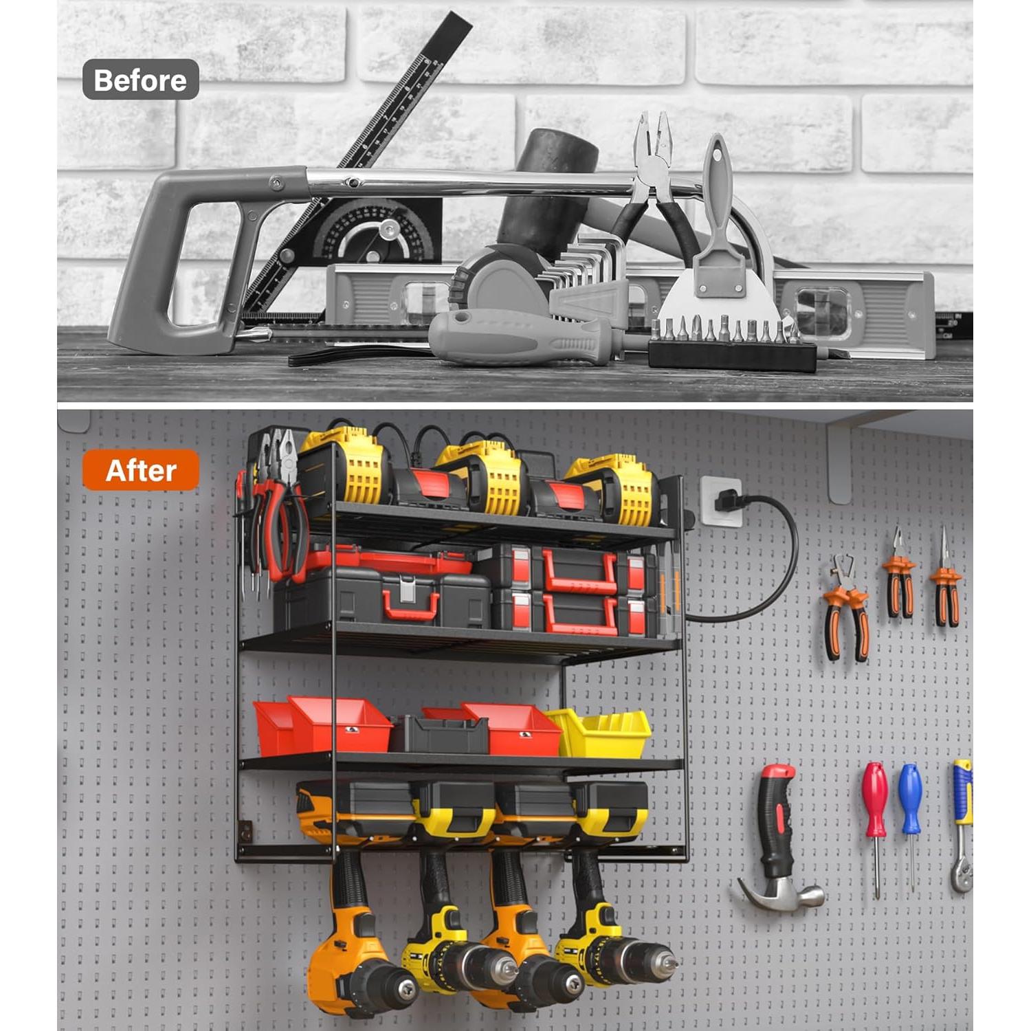 JUNNUJ Power Tool Organizer with 10 Outlet Power Strip, 4 Layer Wall Mount Drill Holder with Charging Station, 4 Drills Storage Shelf Shop Garage Utility Rack, Black