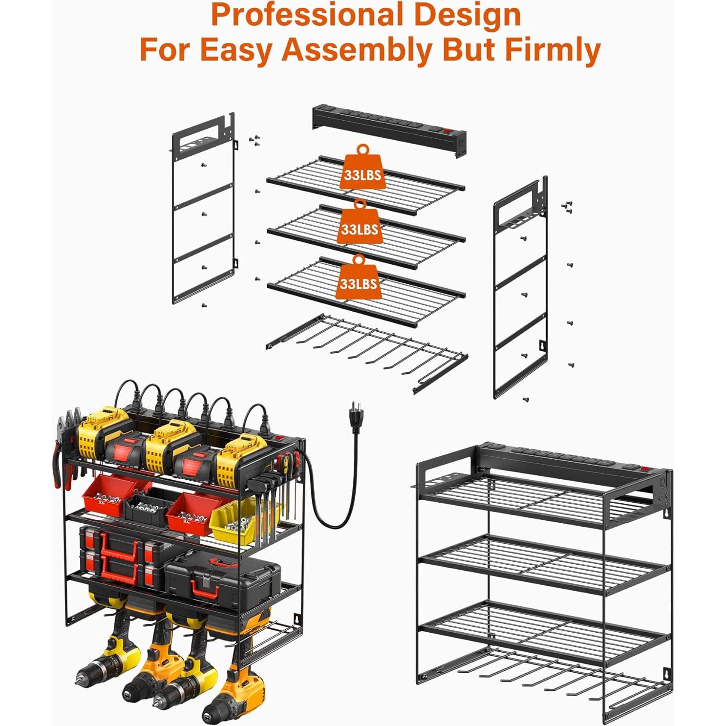 JUNNUJ Power Tool Organizer with 10 Outlet Power Strip, 4 Layer Wall Mount Drill Holder with Charging Station, 4 Drills Storage Shelf Shop Garage Utility Rack, Black