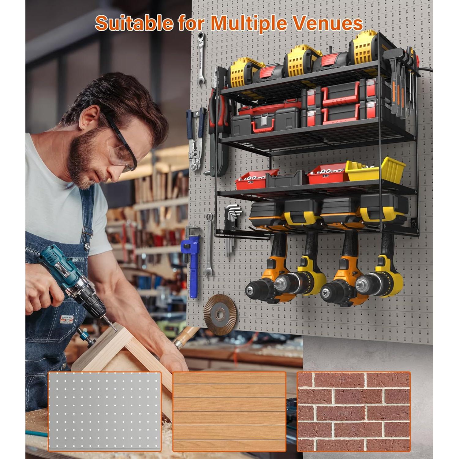 JUNNUJ Power Tool Organizer with 10 Outlet Power Strip, 4 Layer Wall Mount Drill Holder with Charging Station, 4 Drills Storage Shelf Shop Garage Utility Rack, Black