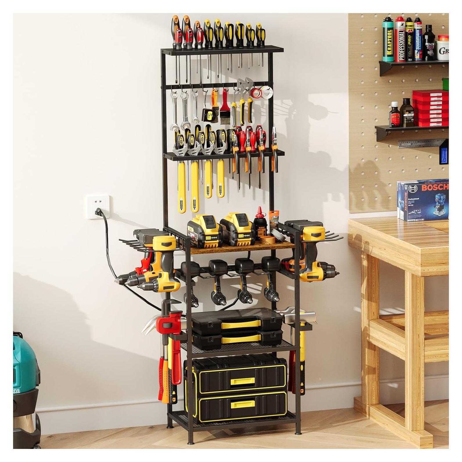 Floor Power Tool Storage Organizer With Charging Station, Heavy Duty Cordless Tool Holder Cart with 3 Shelves, Large Capacity Tool Shelf Rack Stand Drill Screwdriver Tool Box Organization and Storage