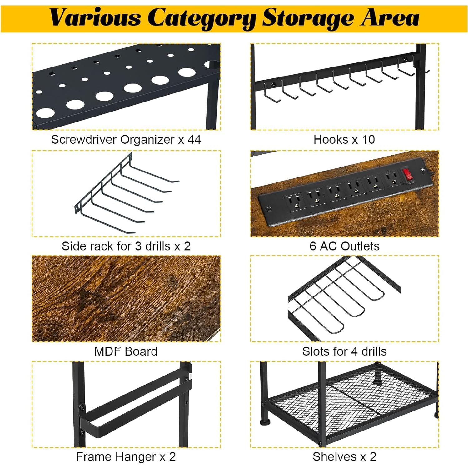 Floor Power Tool Storage Organizer With Charging Station, Heavy Duty Cordless Tool Holder Cart with 3 Shelves, Large Capacity Tool Shelf Rack Stand Drill Screwdriver Tool Box Organization and Storage