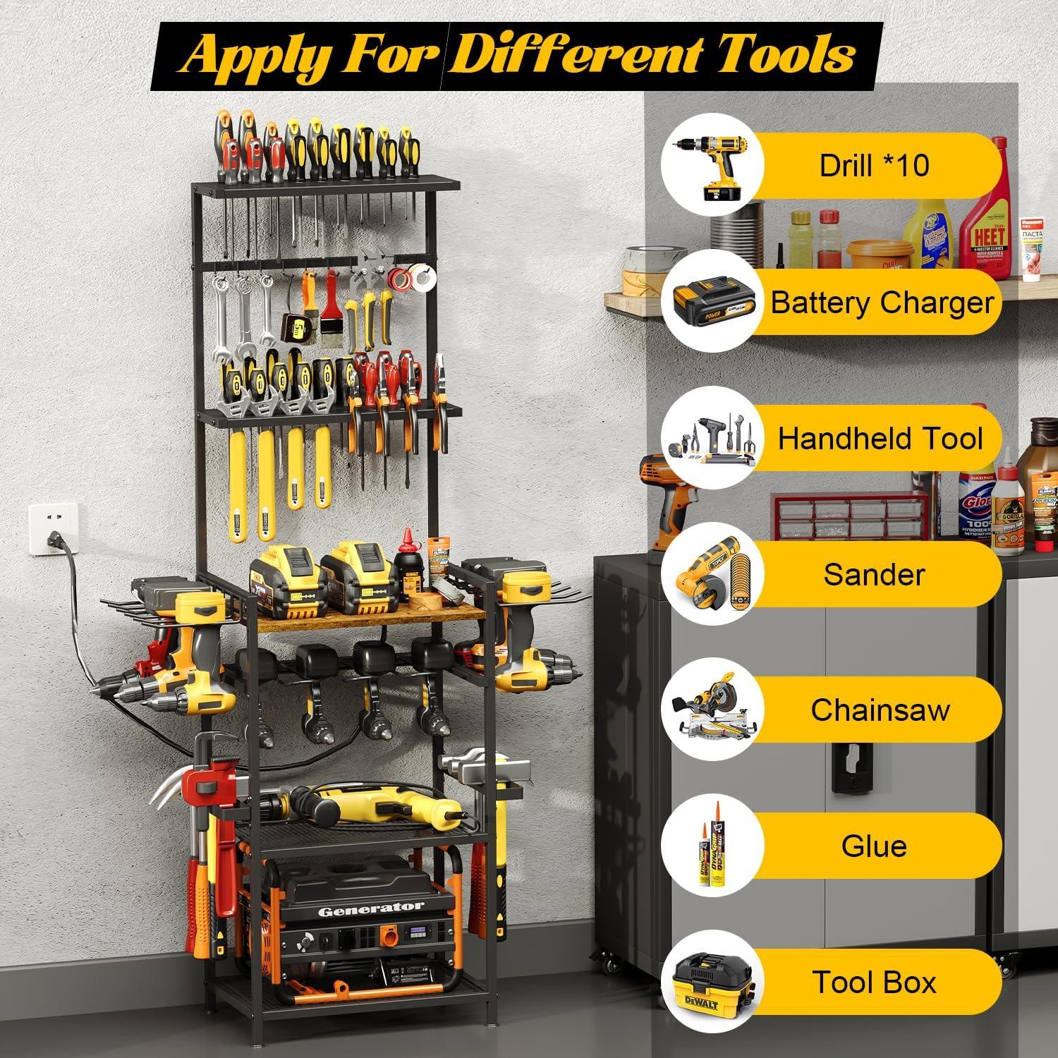 Floor Power Tool Storage Organizer With Charging Station, Heavy Duty Cordless Tool Holder Cart with 3 Shelves, Large Capacity Tool Shelf Rack Stand Drill Screwdriver Tool Box Organization and Storage