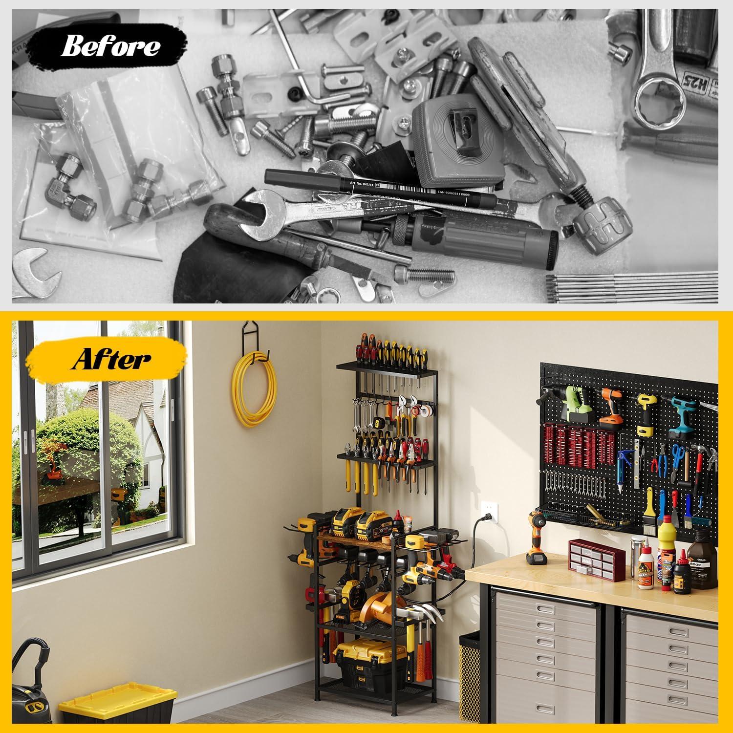 Floor Power Tool Storage Organizer With Charging Station, Heavy Duty Cordless Tool Holder Cart with 3 Shelves, Large Capacity Tool Shelf Rack Stand Drill Screwdriver Tool Box Organization and Storage