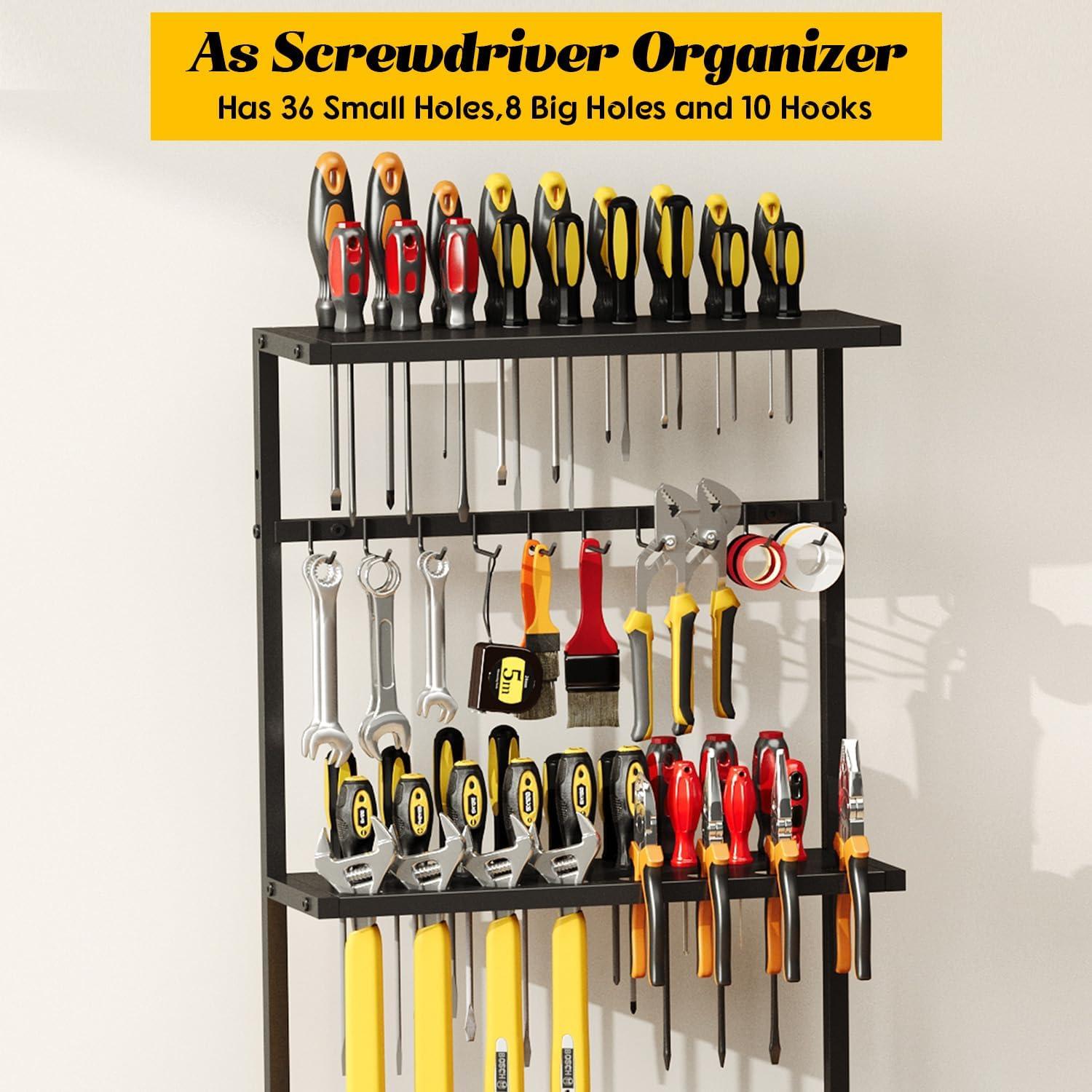 Floor Power Tool Storage Organizer With Charging Station, Heavy Duty Cordless Tool Holder Cart with 3 Shelves, Large Capacity Tool Shelf Rack Stand Drill Screwdriver Tool Box Organization and Storage