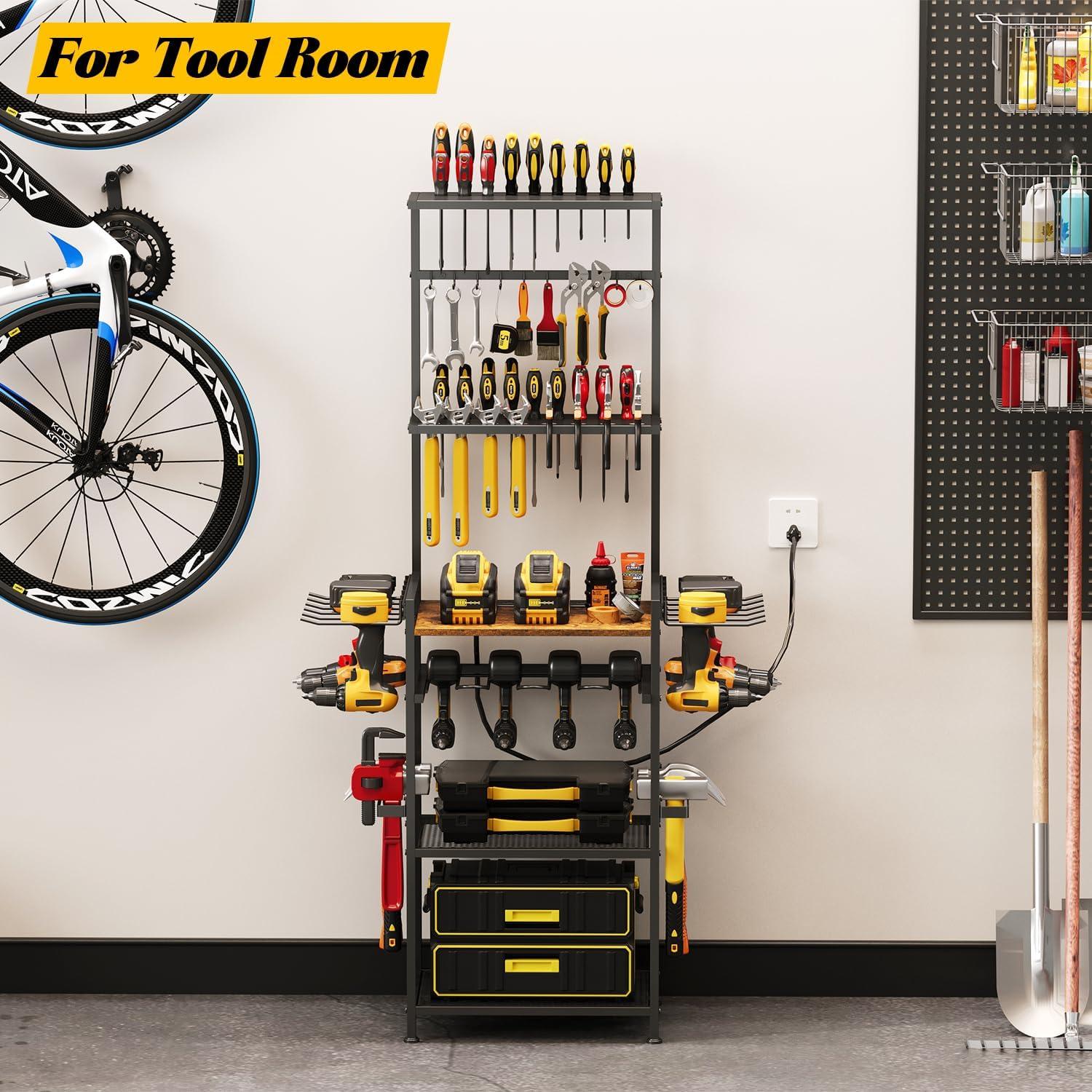 Floor Power Tool Storage Organizer With Charging Station, Heavy Duty Cordless Tool Holder Cart with 3 Shelves, Large Capacity Tool Shelf Rack Stand Drill Screwdriver Tool Box Organization and Storage