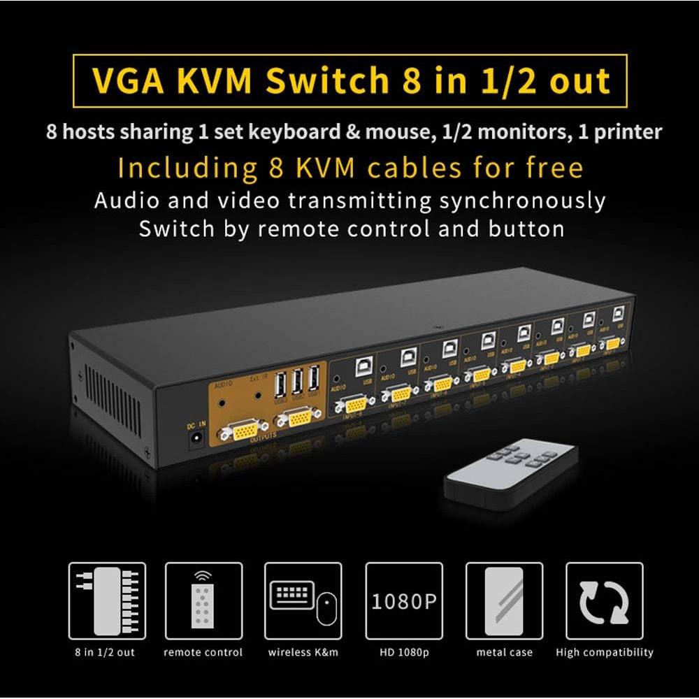 Interruptor KVM VGA eKL de 8 Puertos con 2 Salidas