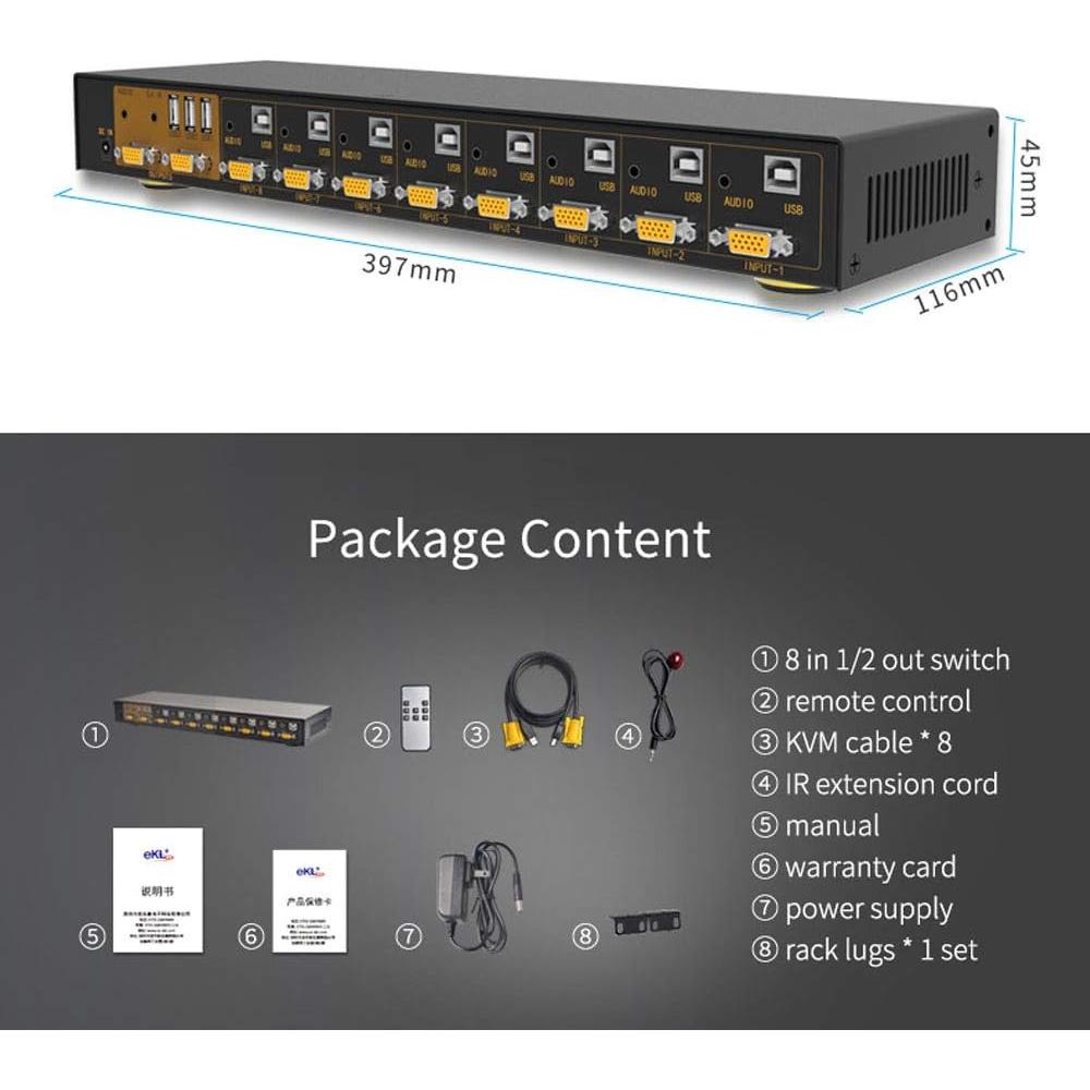 Interruptor KVM VGA eKL de 8 Puertos con 2 Salidas