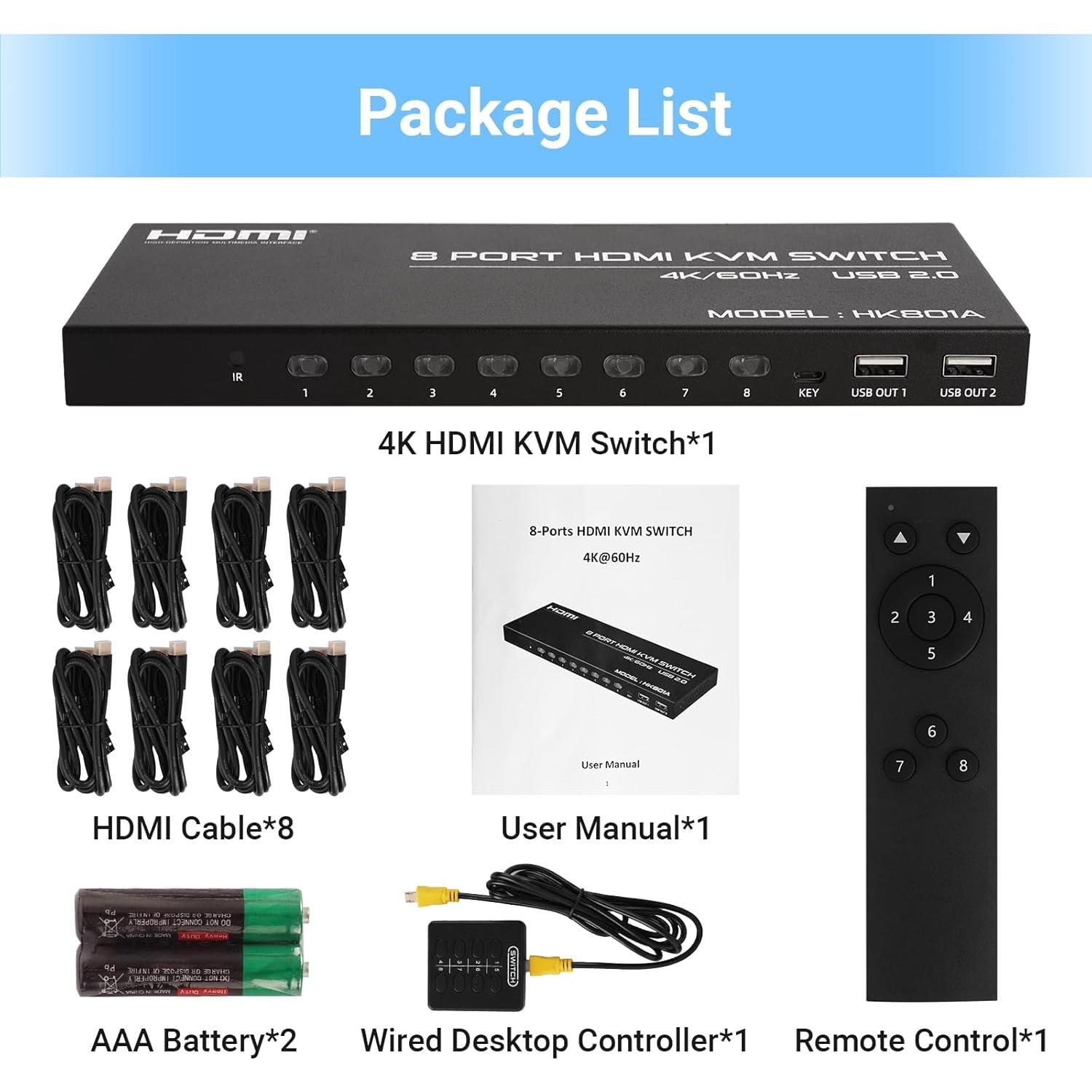Interruptor KVM HDMI 8 Puertos DGODRT 4K@60Hz con Control Remoto