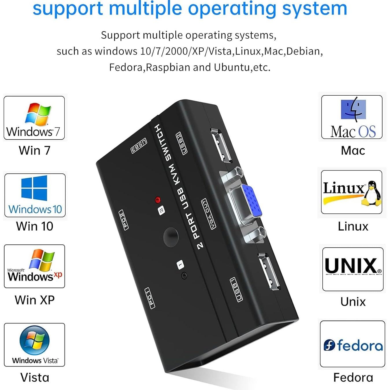 Interruptor KVM USB VGA 2 Puertos Yinker con 3 USB 2.0