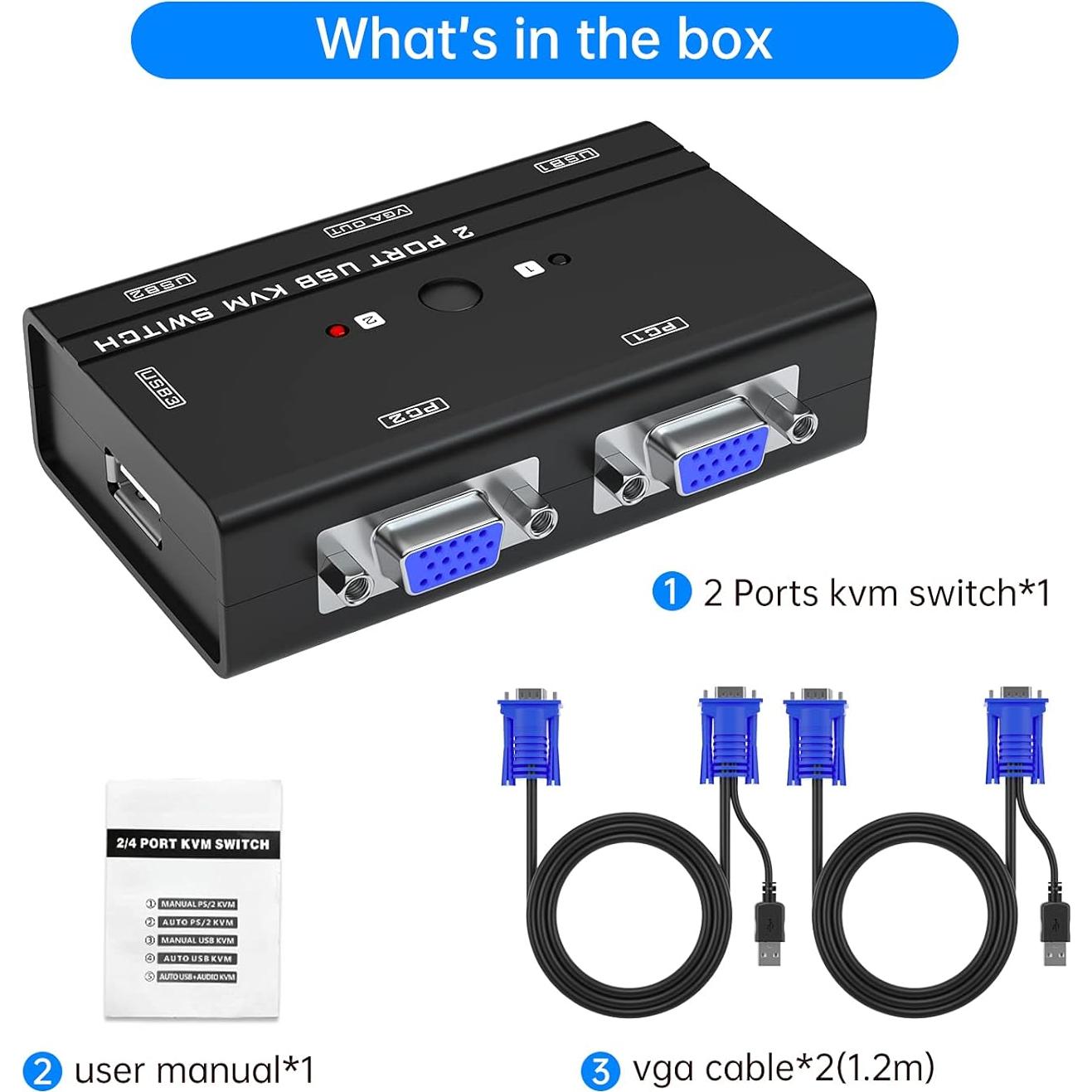 Interruptor KVM USB VGA 2 Puertos Yinker con 3 USB 2.0