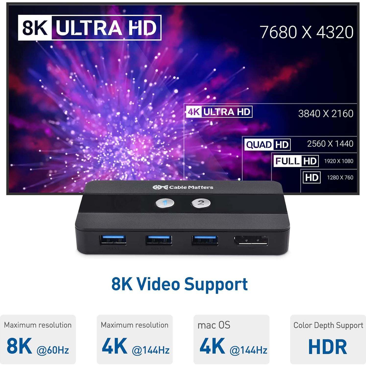 Interruptor KVM USB 3.0 DisplayPort 1.4 Cable Matters 8K 60Hz
