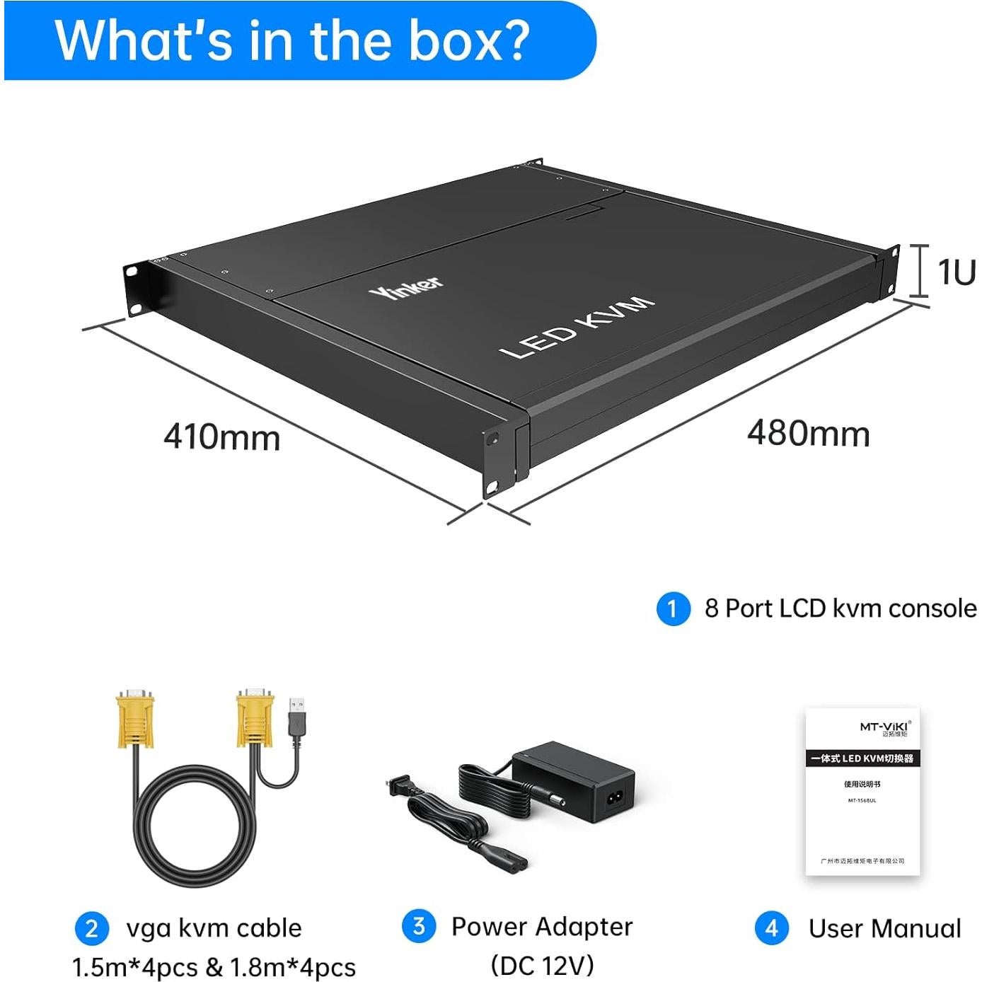 Consola KVM LCD 8 Puertos Yinker 15.6" Montaje Rack 1U