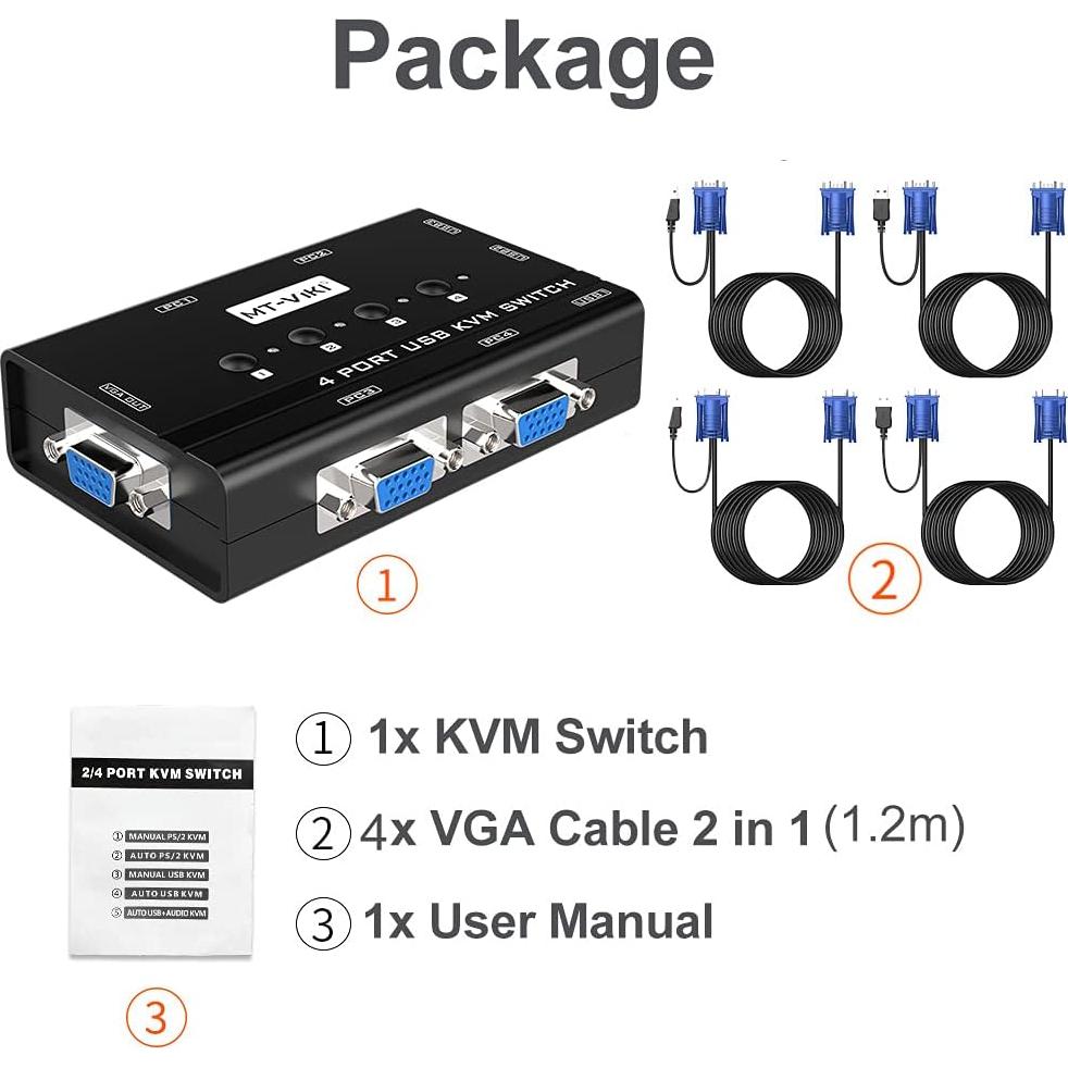 Interruptor KVM MT-VIKI 4 Puertos VGA con 3 Hub USB