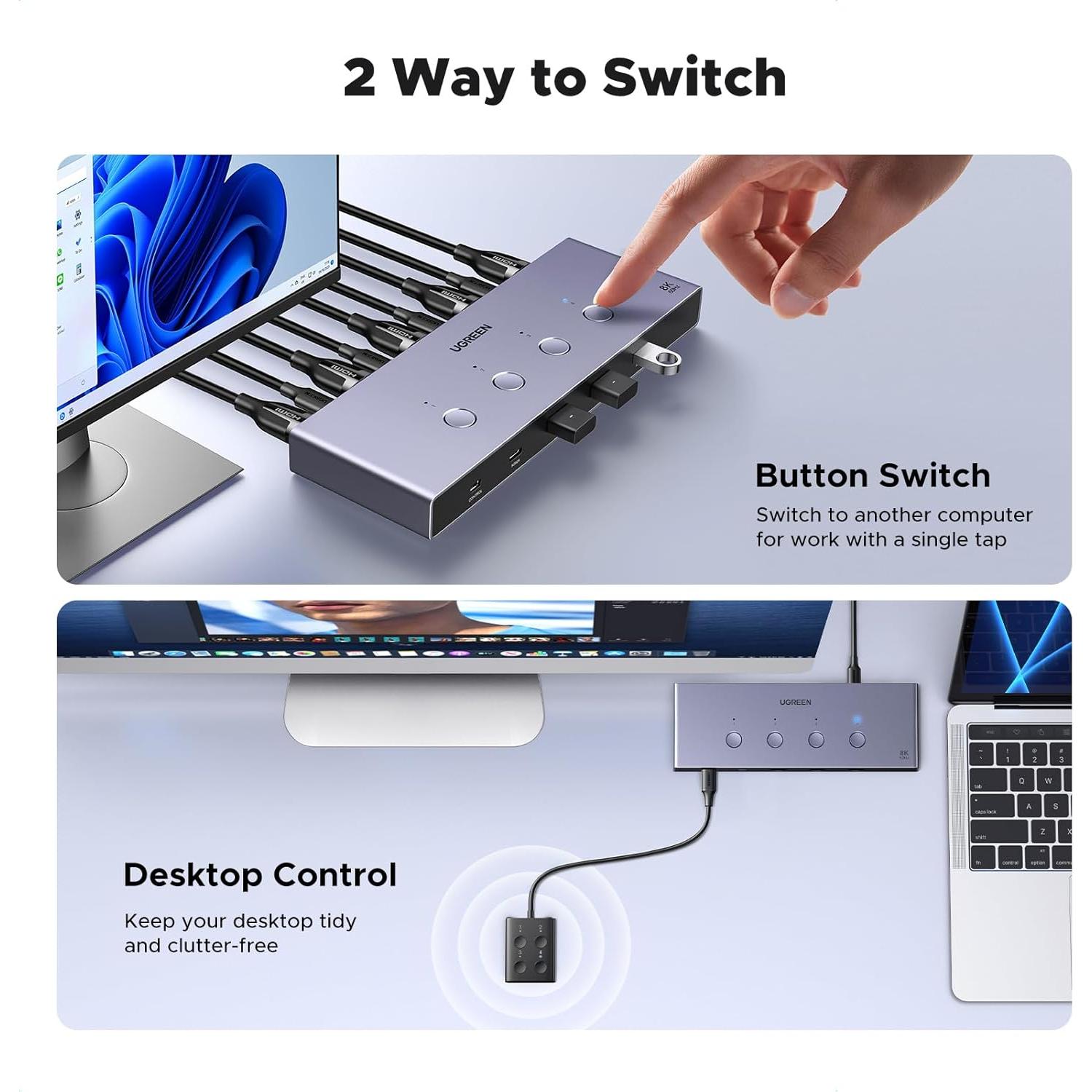 Interruptor KVM UGREEN 8K@60Hz para 4 Computadoras USB 3.0