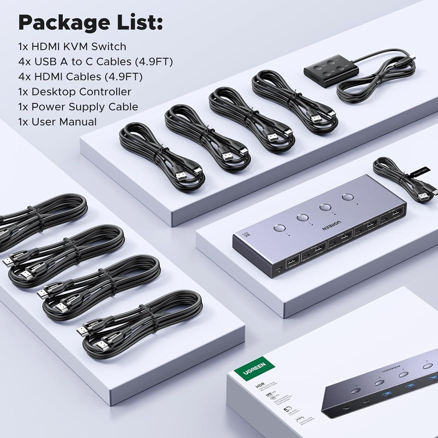 Interruptor KVM UGREEN 8K@60Hz para 4 Computadoras USB 3.0