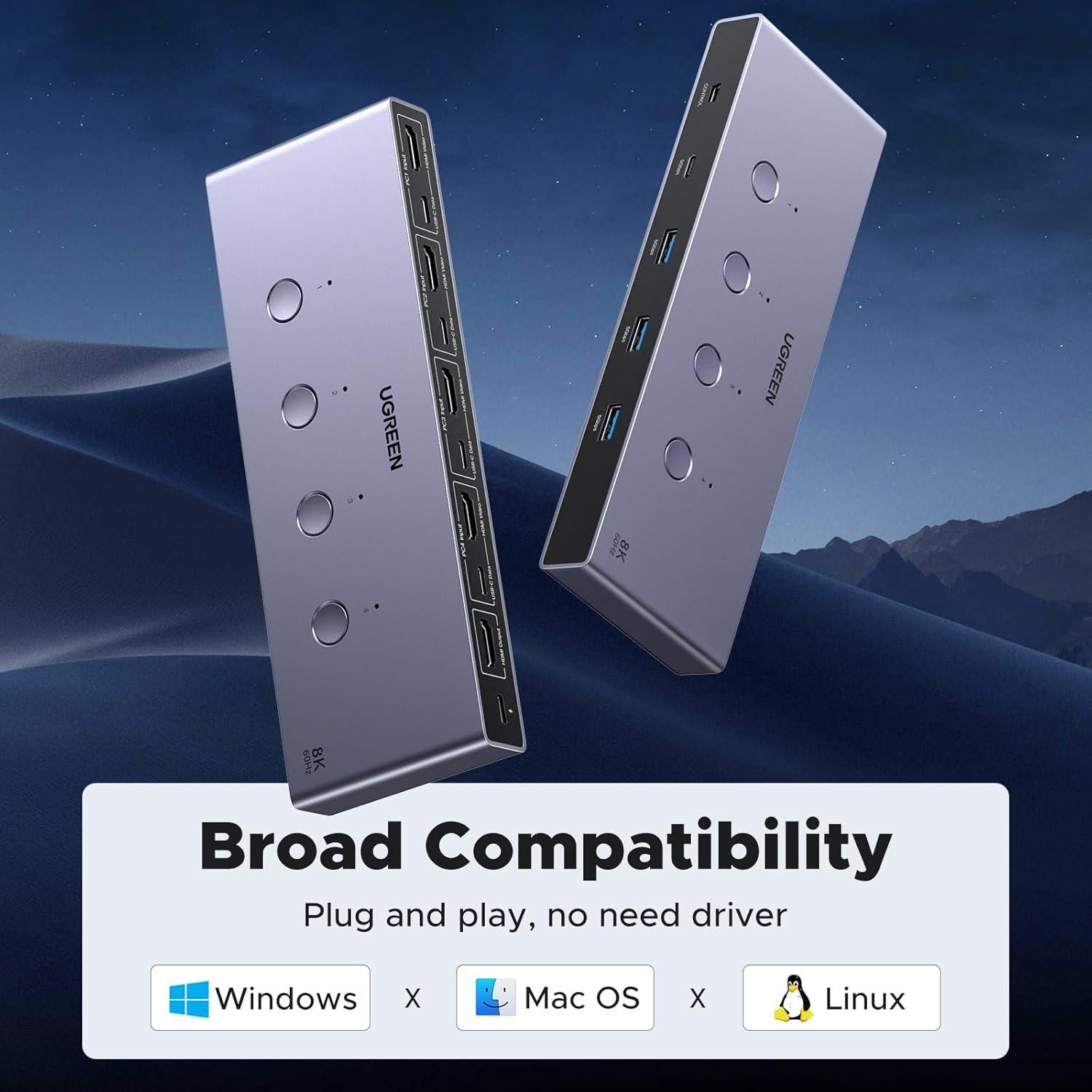 Interruptor KVM UGREEN 8K@60Hz para 4 Computadoras USB 3.0