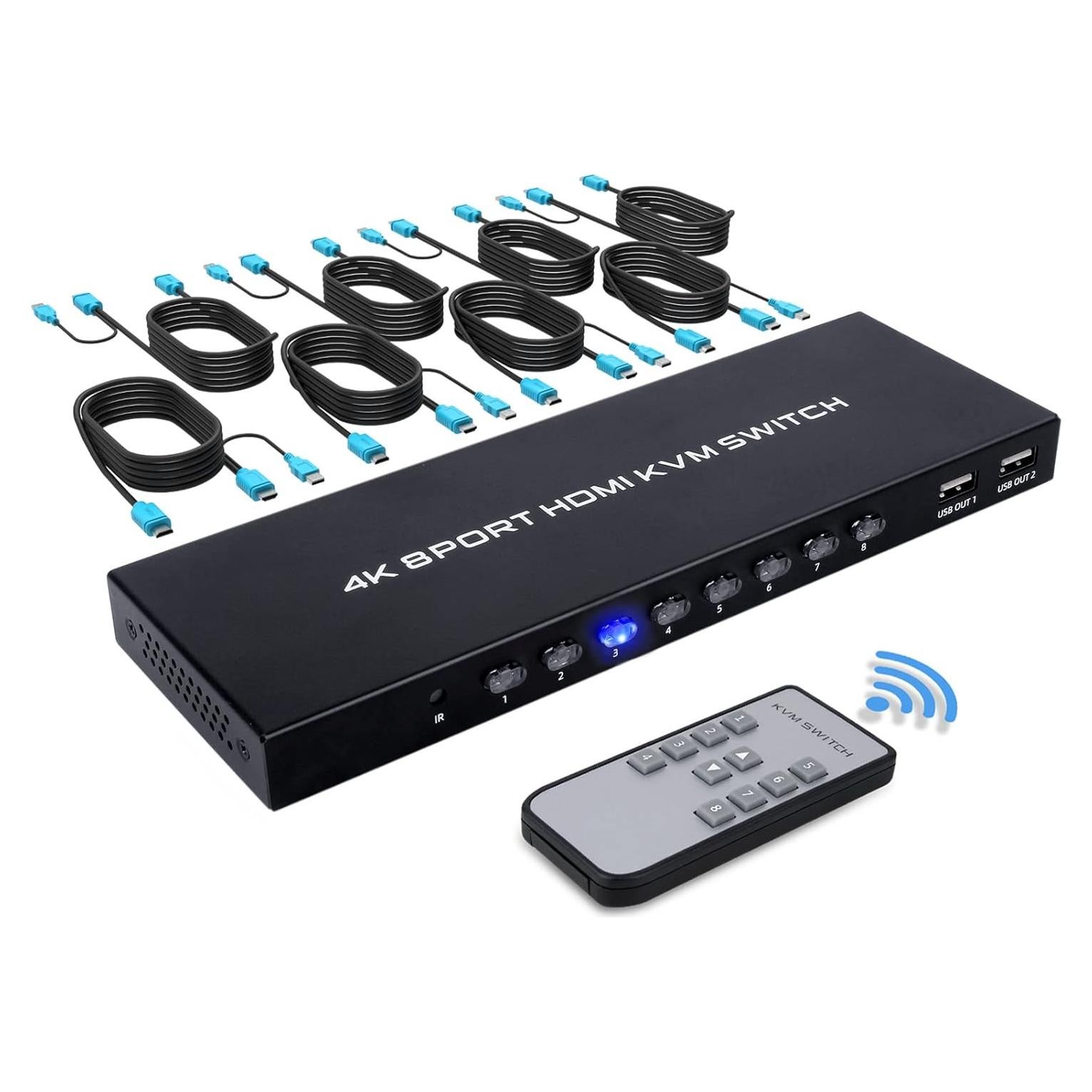 TCNEWCL 8 Port KVM Switch HDMI, 4K@30Hz 8 in 1 Out HDMI KVM Switch for 8 PC Sharing 1 HD Monitor and 4 USB Devices with IR Remote & 8 HDMI Cables