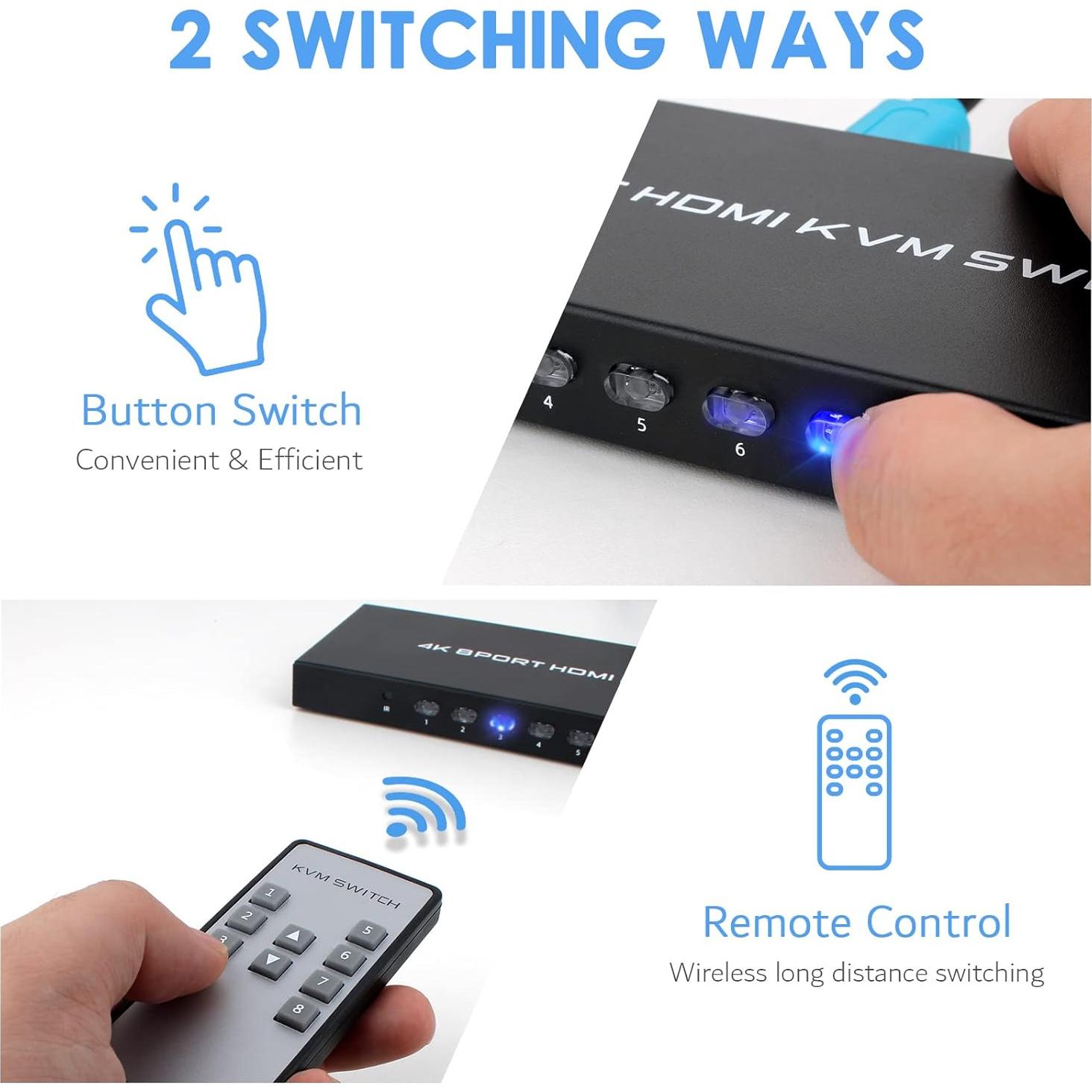 TCNEWCL 8 Port KVM Switch HDMI, 4K@30Hz 8 in 1 Out HDMI KVM Switch for 8 PC Sharing 1 HD Monitor and 4 USB Devices with IR Remote & 8 HDMI Cables