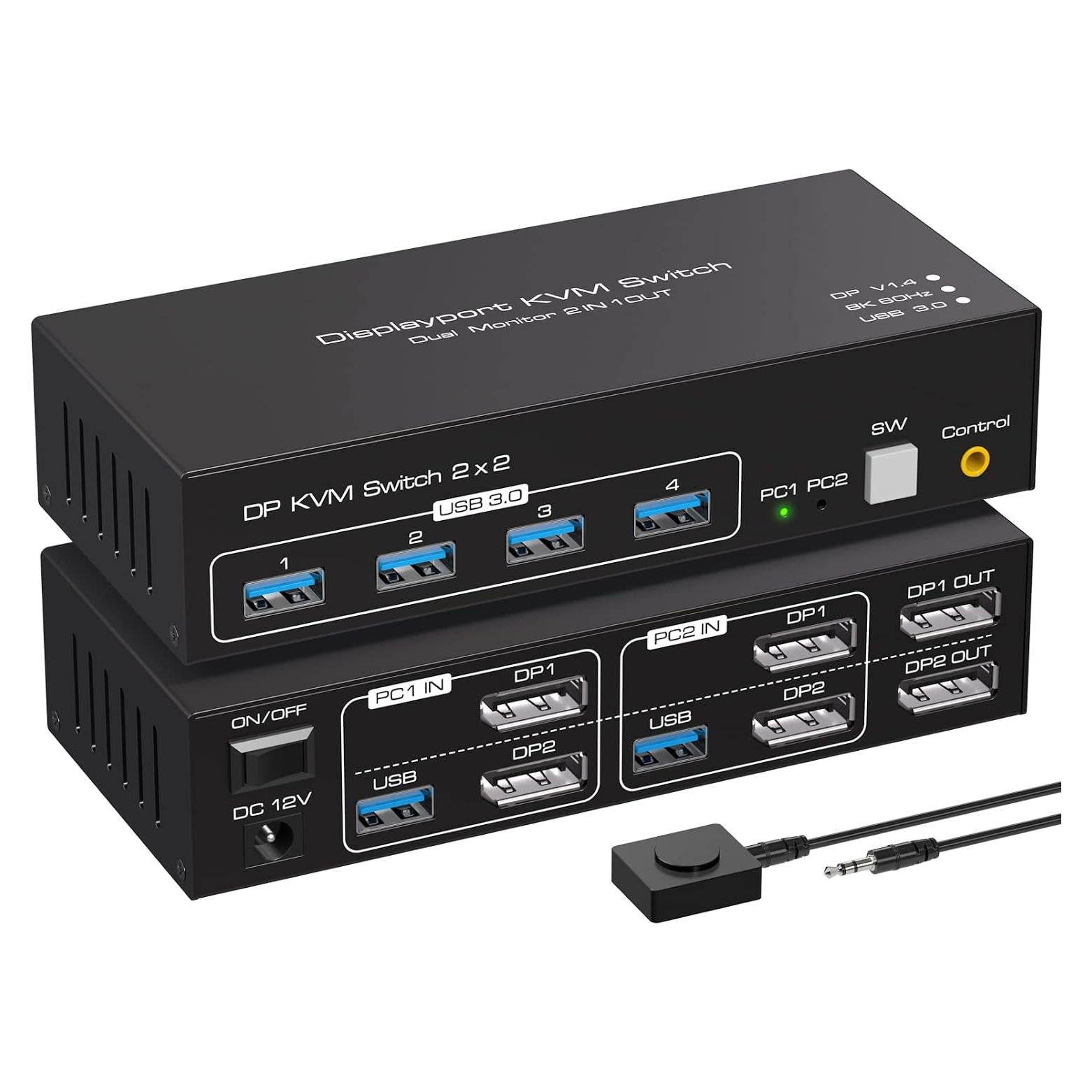 Displayport KVM Switch 2 Monitors 2 Computers 8K 60Hz 4K 120Hz Dual Monitor USB 3.0 KVM Switches for 4 USB Devices, Wired Extension Button,12V DC Adapter and USB3.0 Cables
