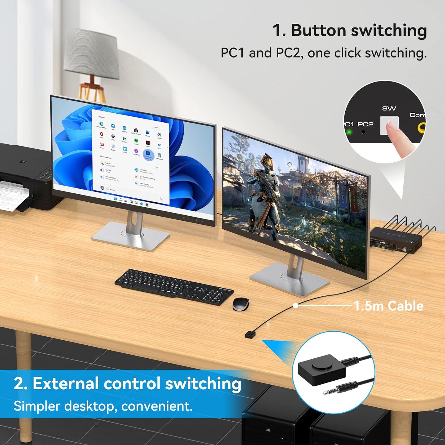 Displayport KVM Switch 2 Monitors 2 Computers 8K 60Hz 4K 120Hz Dual Monitor USB 3.0 KVM Switches for 4 USB Devices, Wired Extension Button,12V DC Adapter and USB3.0 Cables