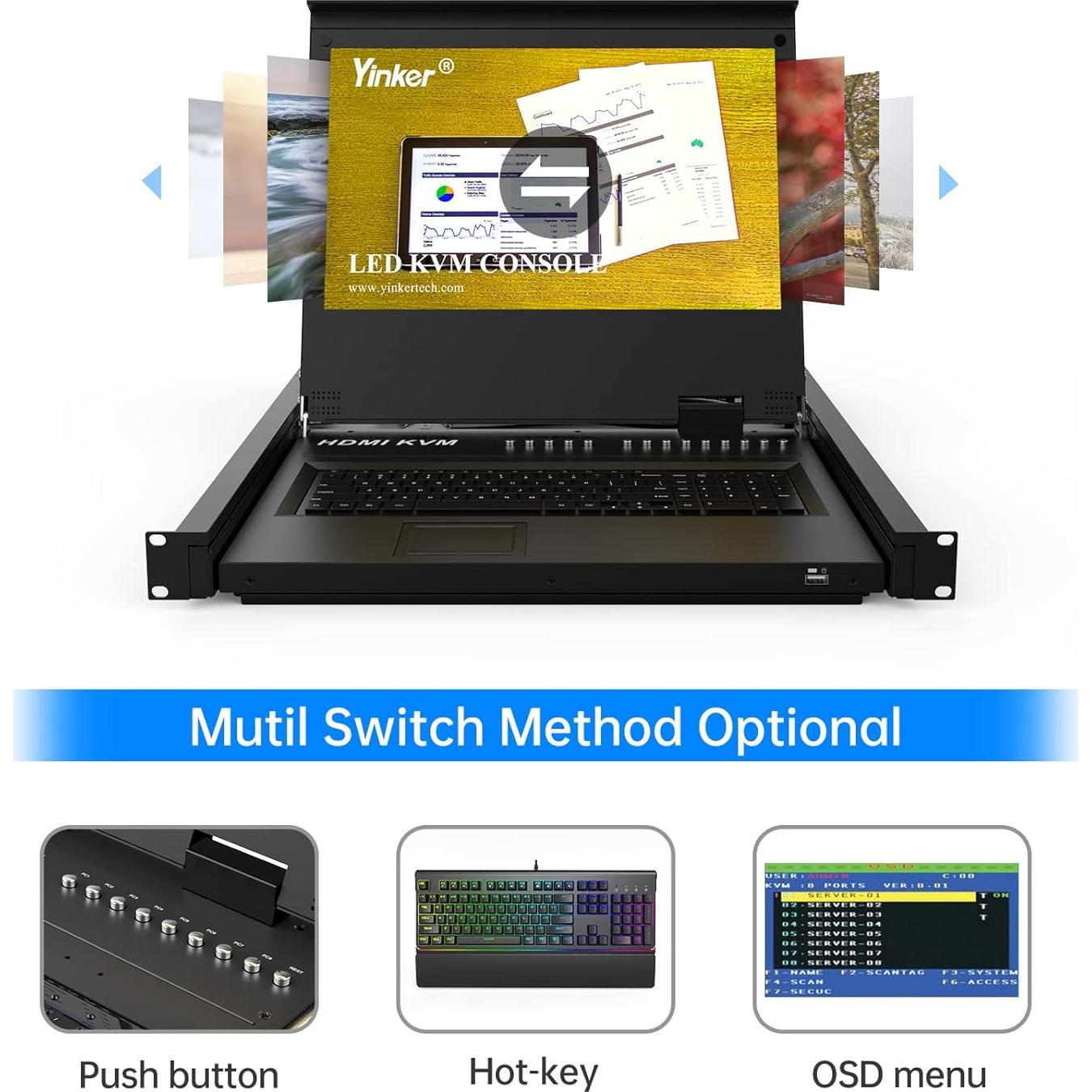 Rack Mount KVM Yinker 8 Puertos 17.3" LCD 1920x1080