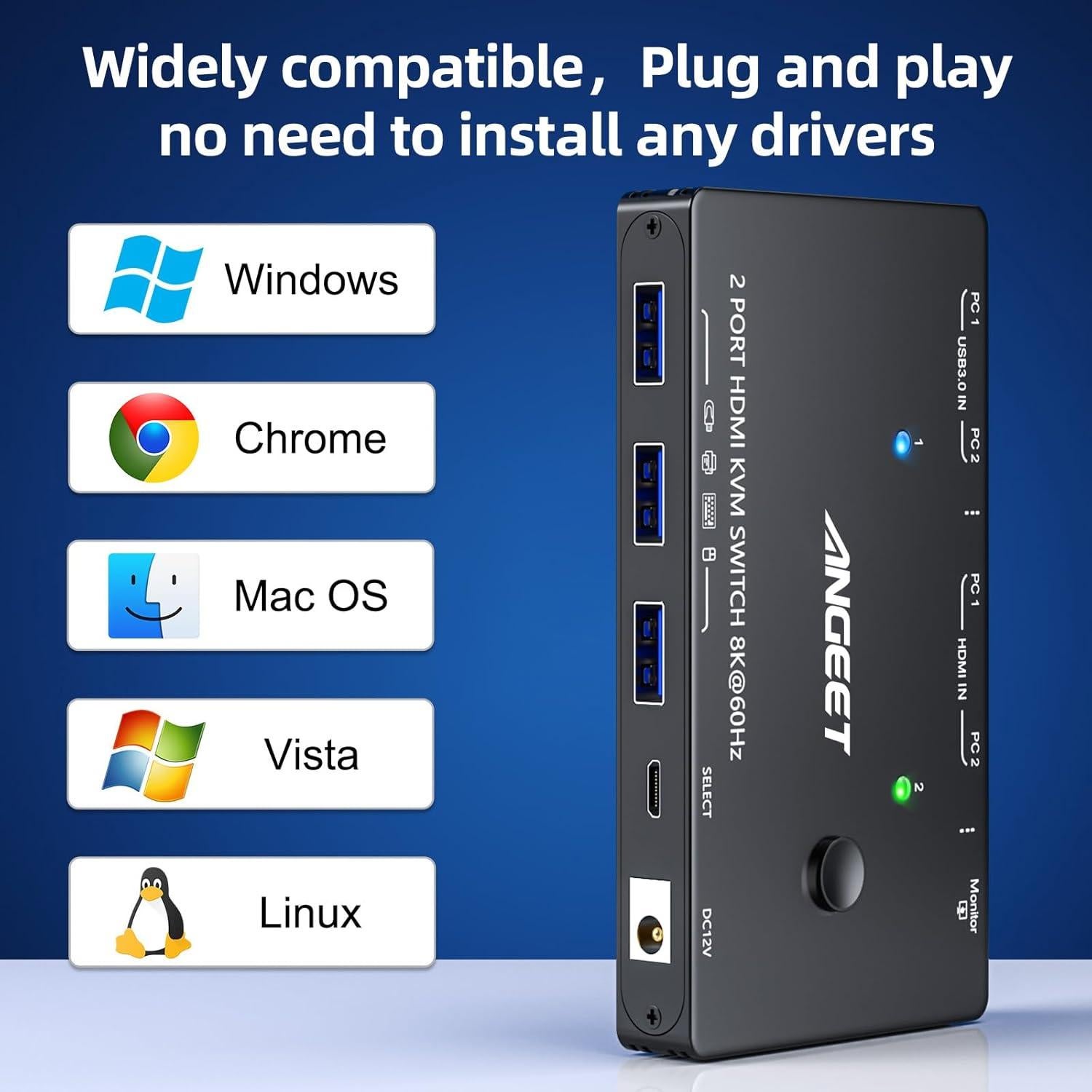 KVM Switch HDMI 8K ANGEET 2 Puertos USB 3.0 Control Remoto