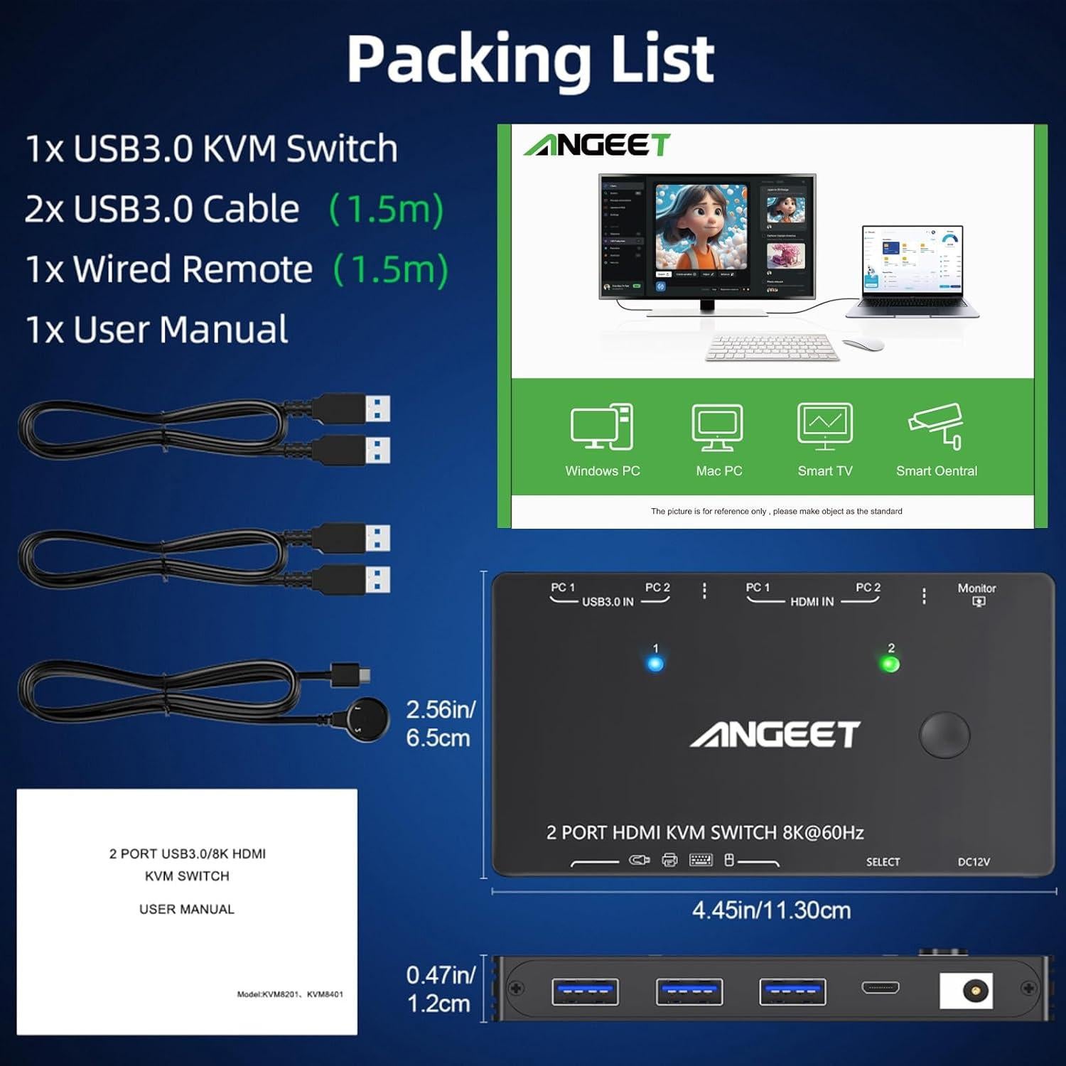 KVM Switch HDMI 8K ANGEET 2 Puertos USB 3.0 Control Remoto