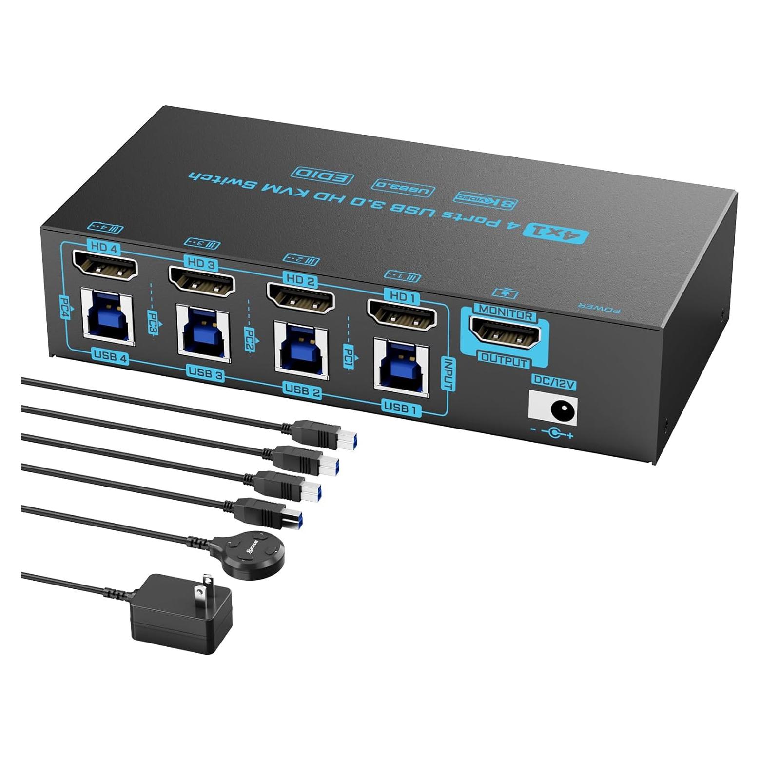 8K HDMI 2.1 KVM Switch 4 Computers 4 Port USB 3.0 8K@60Hz/4K@144Hz 4 In 1 Out Keyboard Mouse KVM Switches EDID Emulator for 4 PCs Share 1 Monitor and 4 USB Devices, with 4 USB 3.0 Cable & Wired Remote