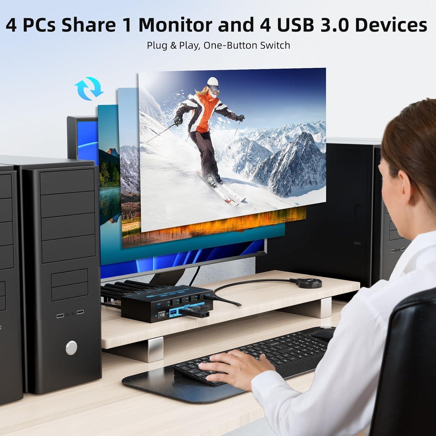 8K HDMI 2.1 KVM Switch 4 Computers 4 Port USB 3.0 8K@60Hz/4K@144Hz 4 In 1 Out Keyboard Mouse KVM Switches EDID Emulator for 4 PCs Share 1 Monitor and 4 USB Devices, with 4 USB 3.0 Cable & Wired Remote