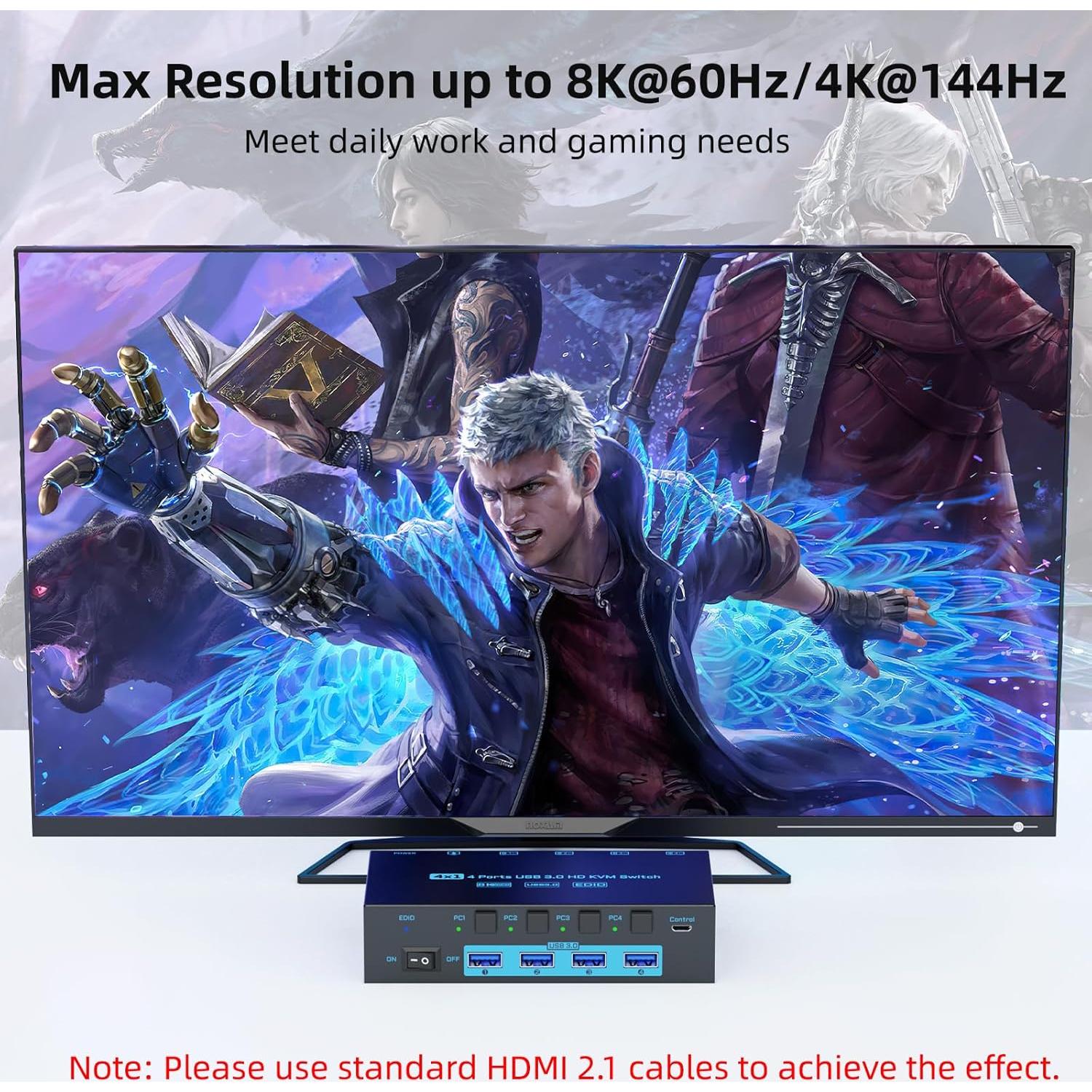 8K HDMI 2.1 KVM Switch 4 Computers 4 Port USB 3.0 8K@60Hz/4K@144Hz 4 In 1 Out Keyboard Mouse KVM Switches EDID Emulator for 4 PCs Share 1 Monitor and 4 USB Devices, with 4 USB 3.0 Cable & Wired Remote