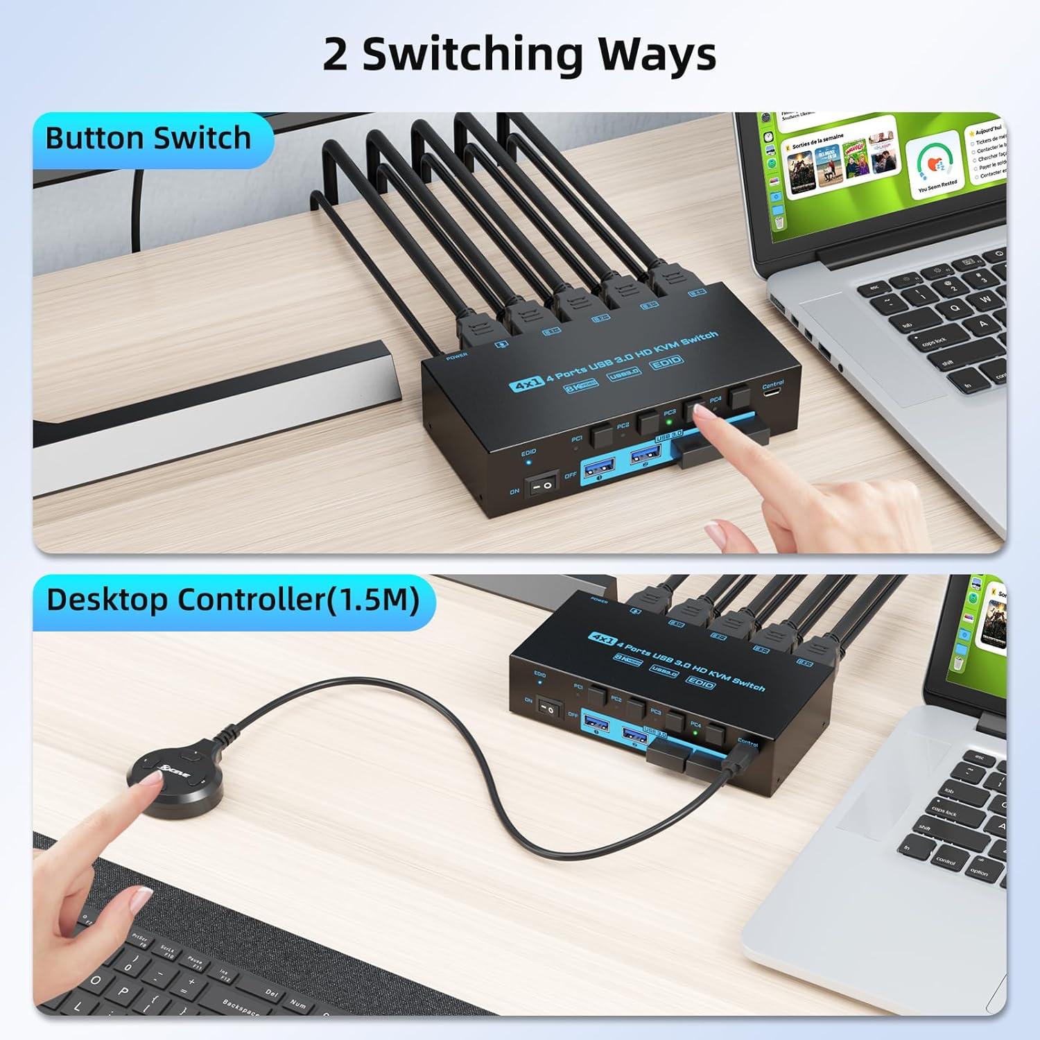 8K HDMI 2.1 KVM Switch 4 Computers 4 Port USB 3.0 8K@60Hz/4K@144Hz 4 In 1 Out Keyboard Mouse KVM Switches EDID Emulator for 4 PCs Share 1 Monitor and 4 USB Devices, with 4 USB 3.0 Cable & Wired Remote