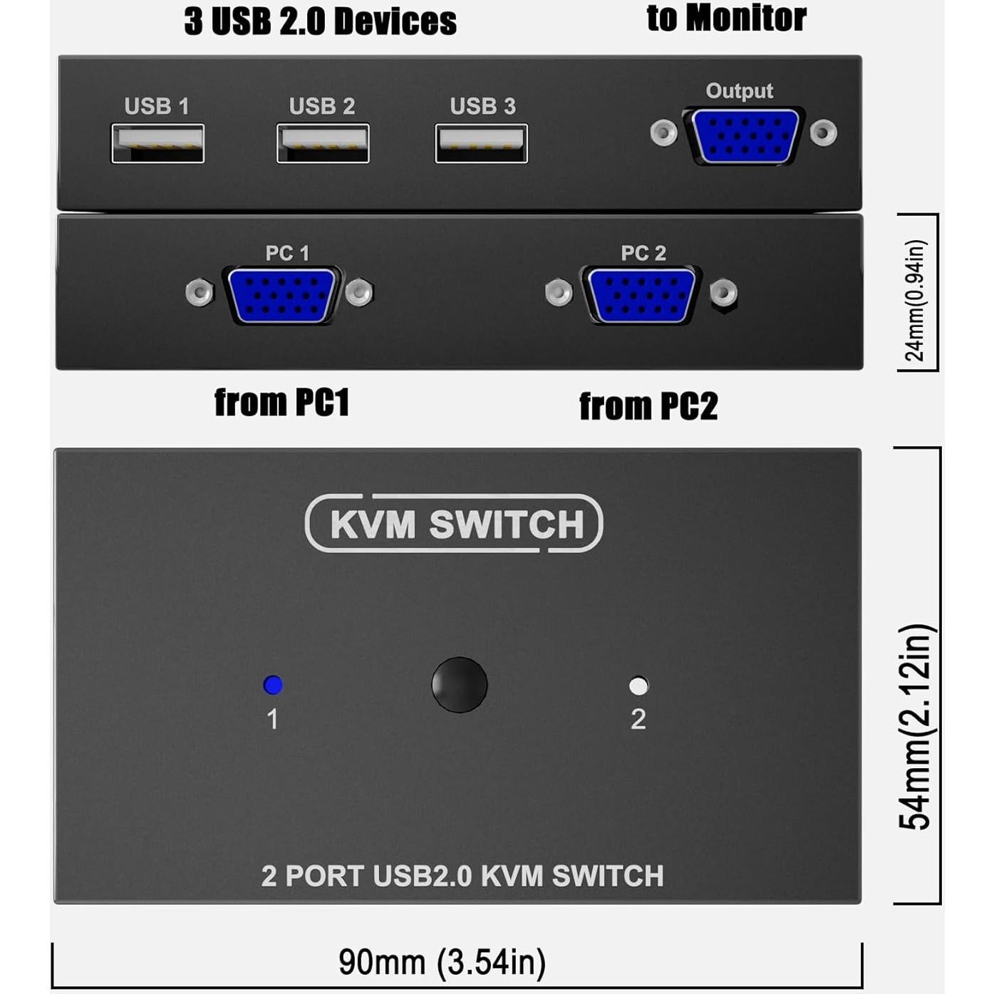 Conmutador KVM VGA 2 Puertos DiamondTiger con 2 Cables