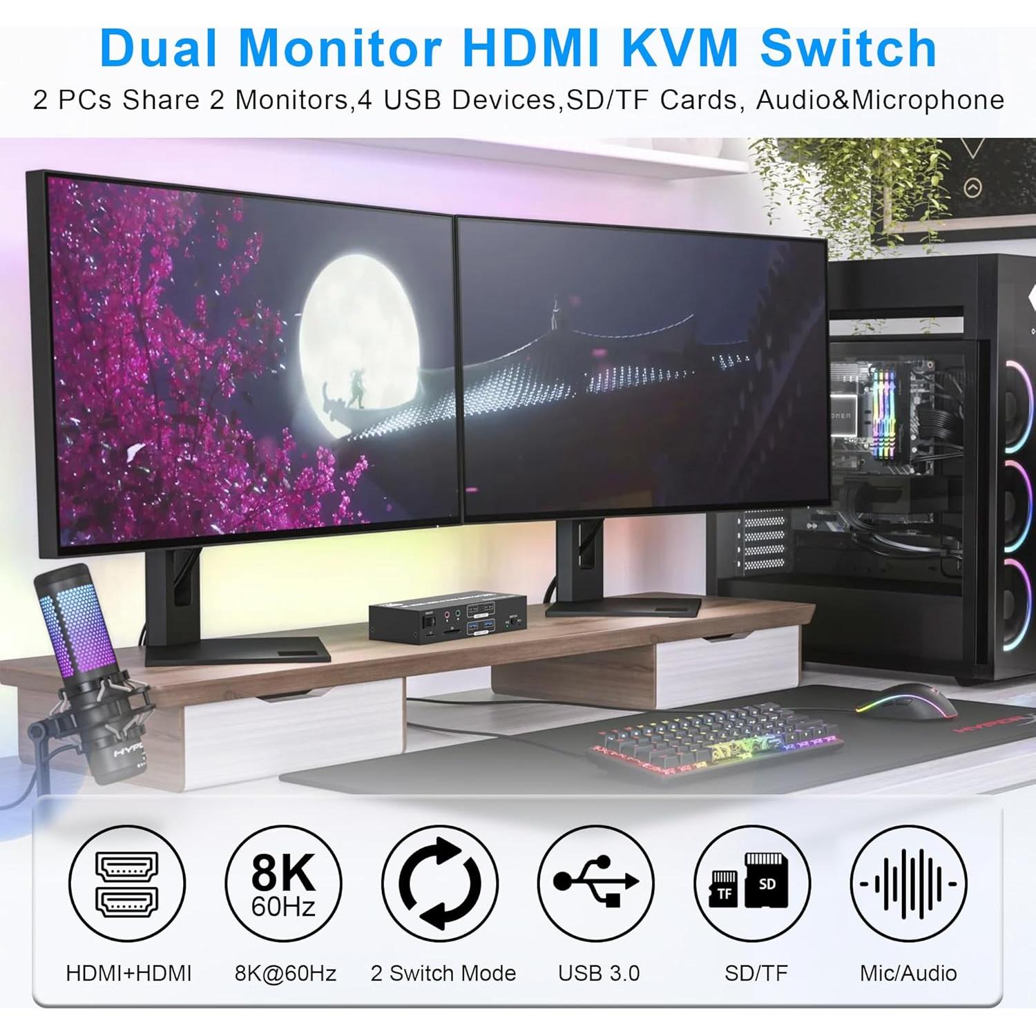 Conmutador KVM HDMI 8K Doble Monitor Arkidyn Plus 2 PCs