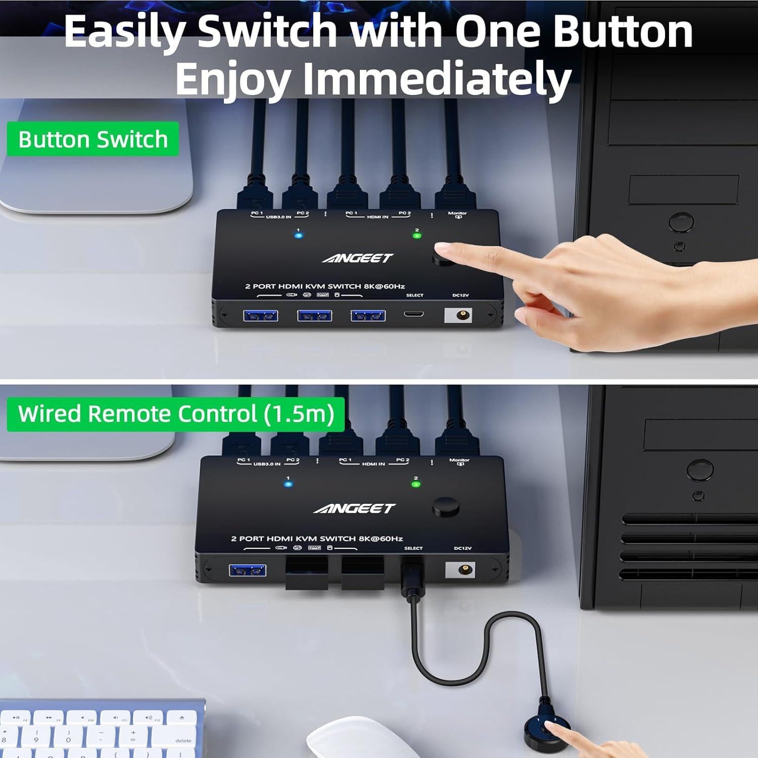 Conmutador KVM HDMI 8K ANGEET 2 Puertos USB 3.0 4K@120Hz