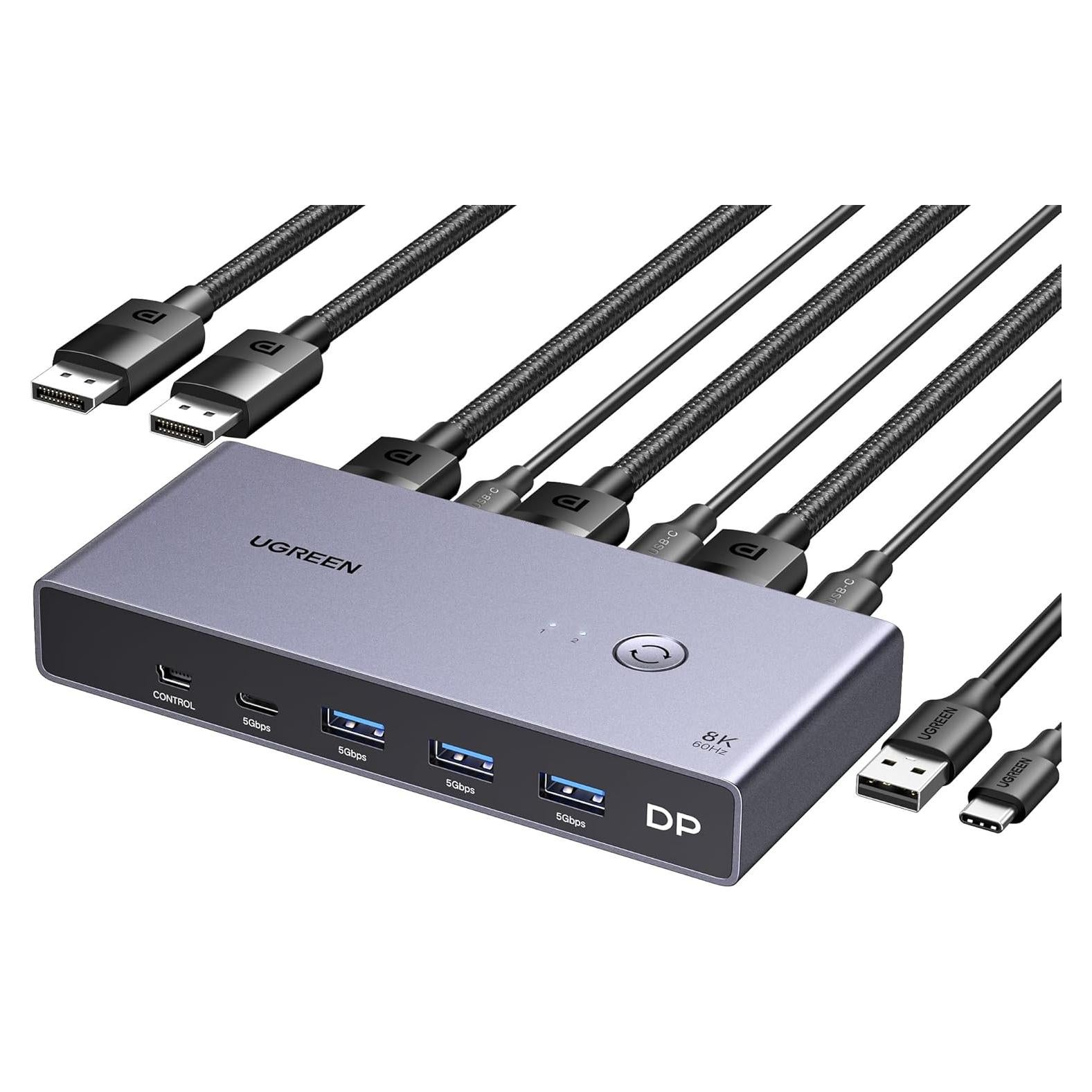 Interruptor KVM UGREEN DisplayPort 8K 2 en 1 con 4 USB 3.0