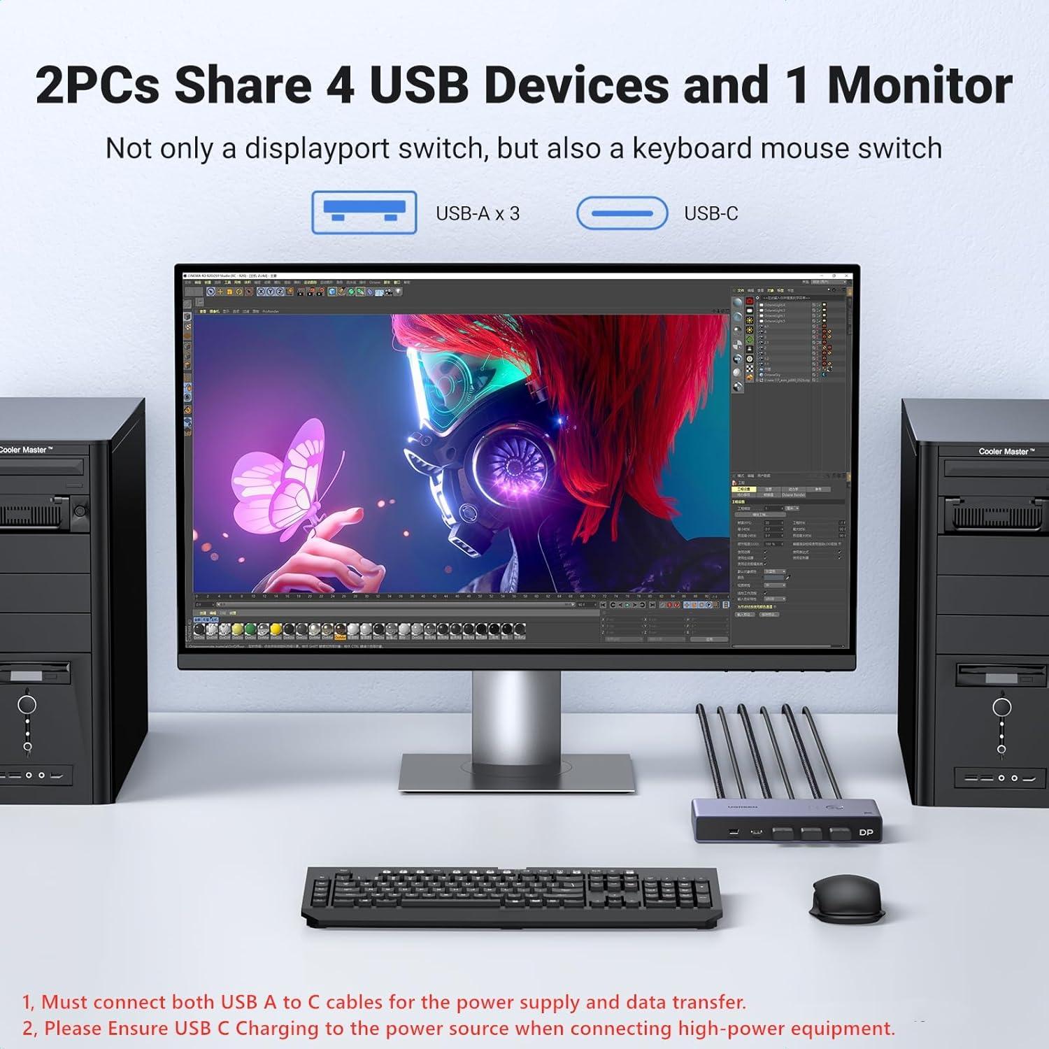Interruptor KVM UGREEN DisplayPort 8K 2 en 1 con 4 USB 3.0