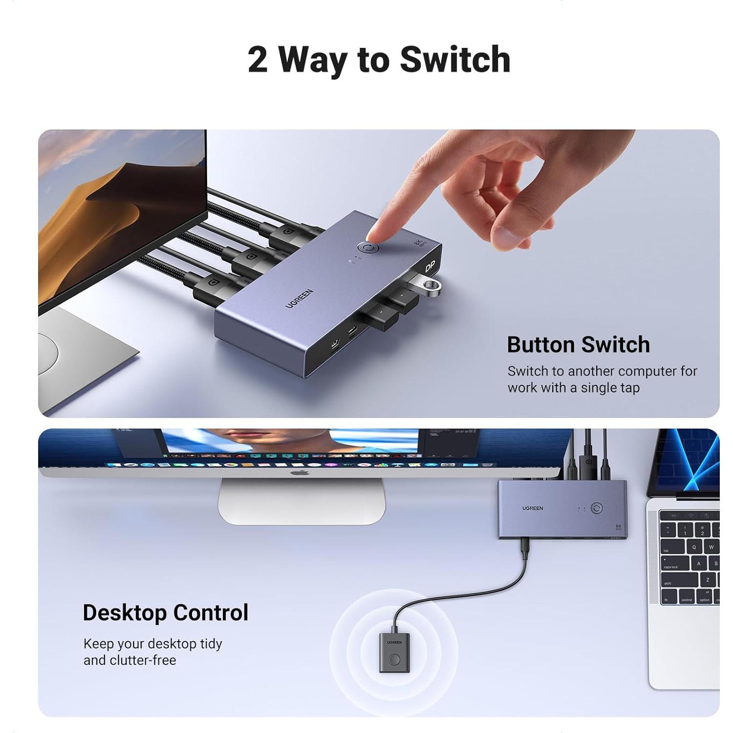 Interruptor KVM UGREEN DisplayPort 8K 2 en 1 con 4 USB 3.0