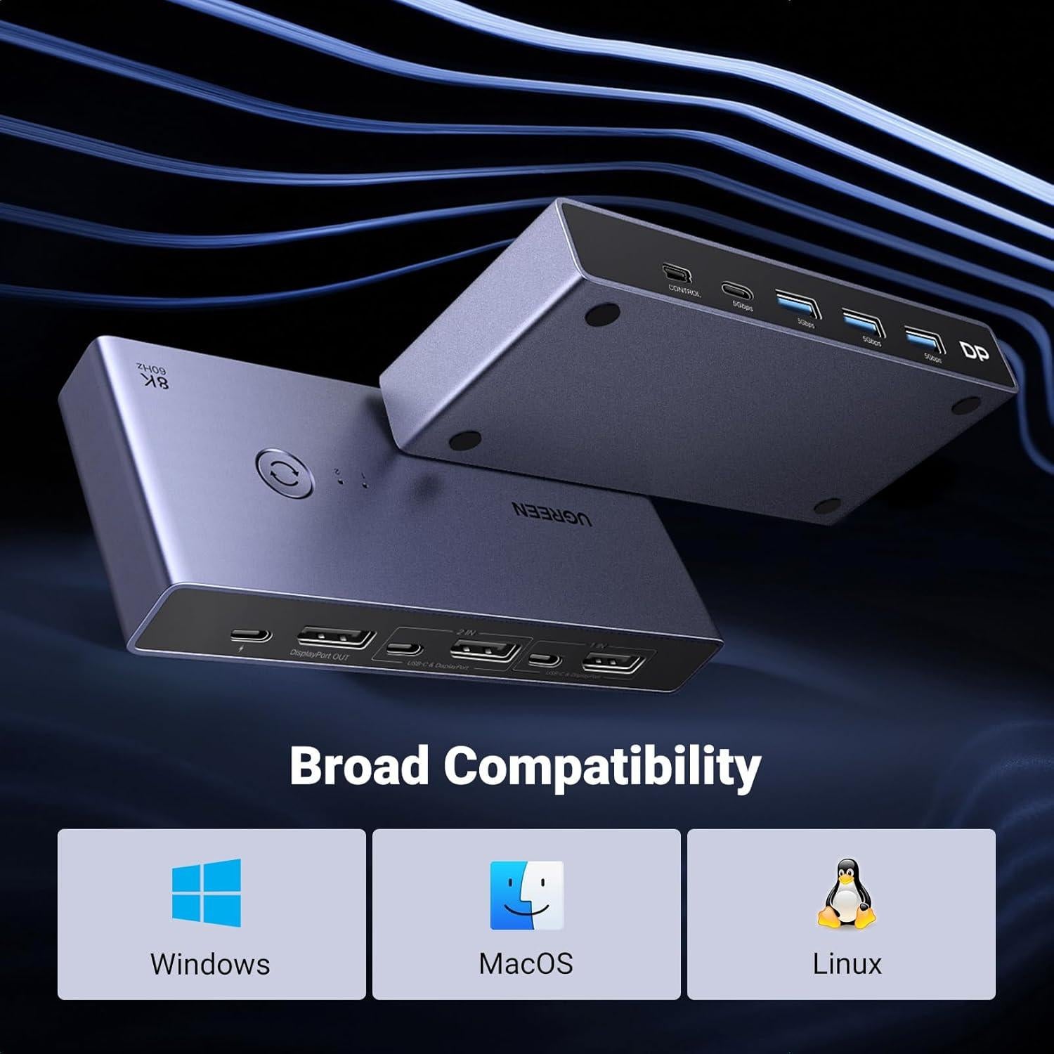 Interruptor KVM UGREEN DisplayPort 8K 2 en 1 con 4 USB 3.0