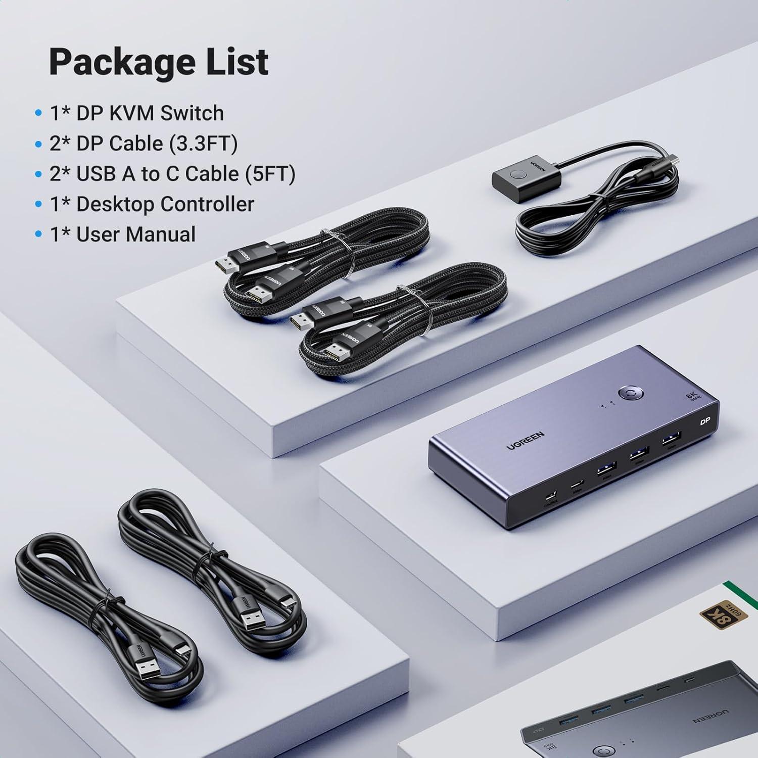 Interruptor KVM UGREEN DisplayPort 8K 2 en 1 con 4 USB 3.0