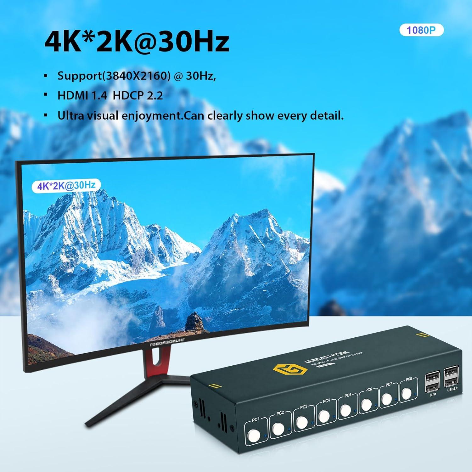 Interruptor KVM HDMI 8 Puertos GREATHTEK H-S7811 4K@30Hz